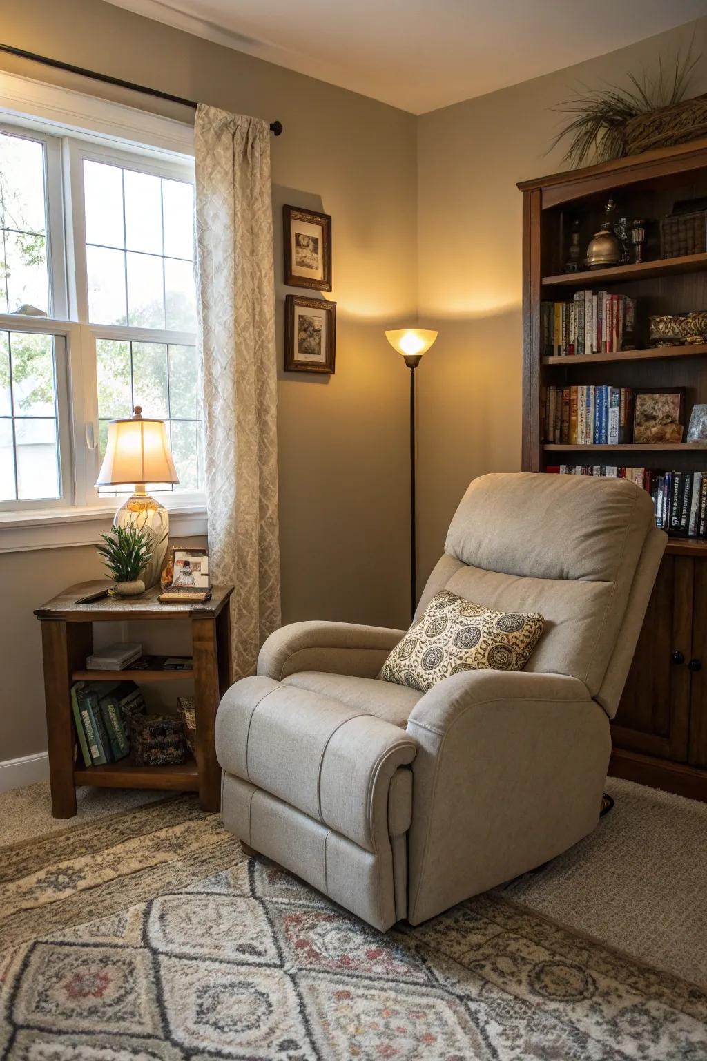 A smart use of space with a corner recliner in a small living space.