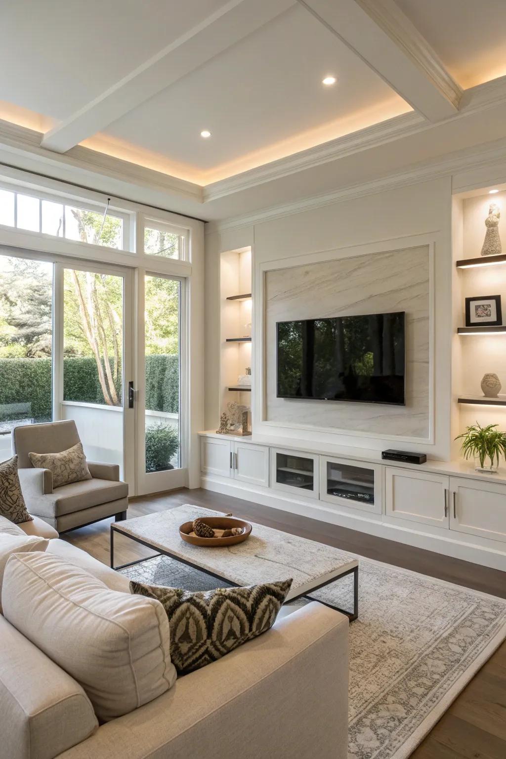 A recessed TV provides a sleek and contemporary look.