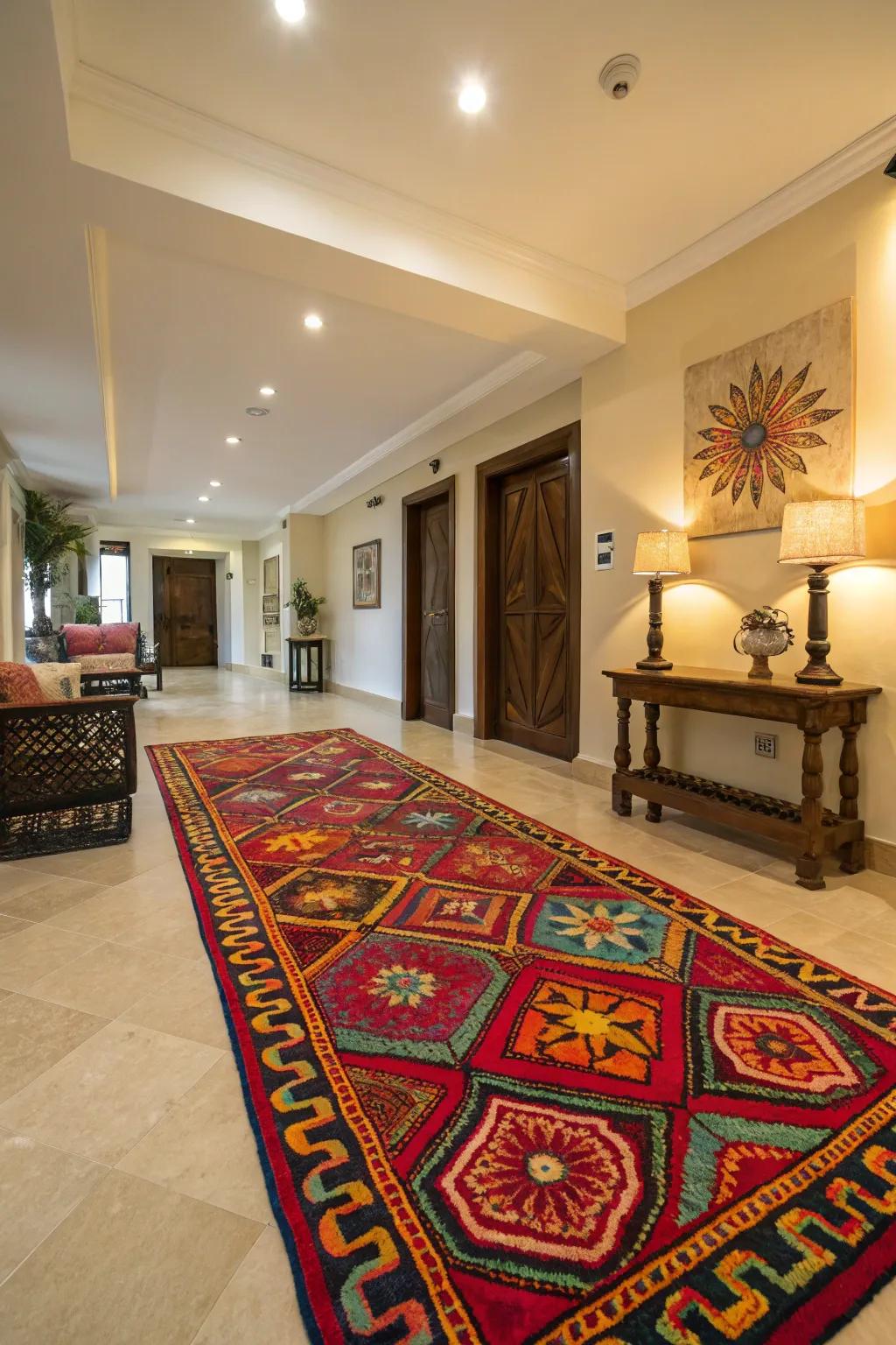 An entryway brought to life with a vibrant rug