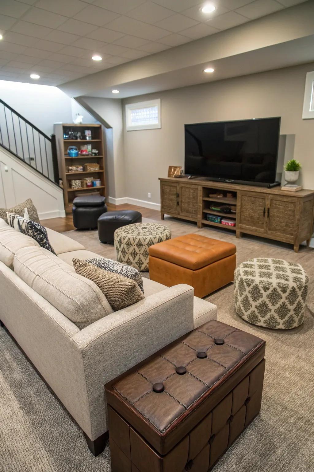 Adaptable furnishings hold the movie room efficient and neat.