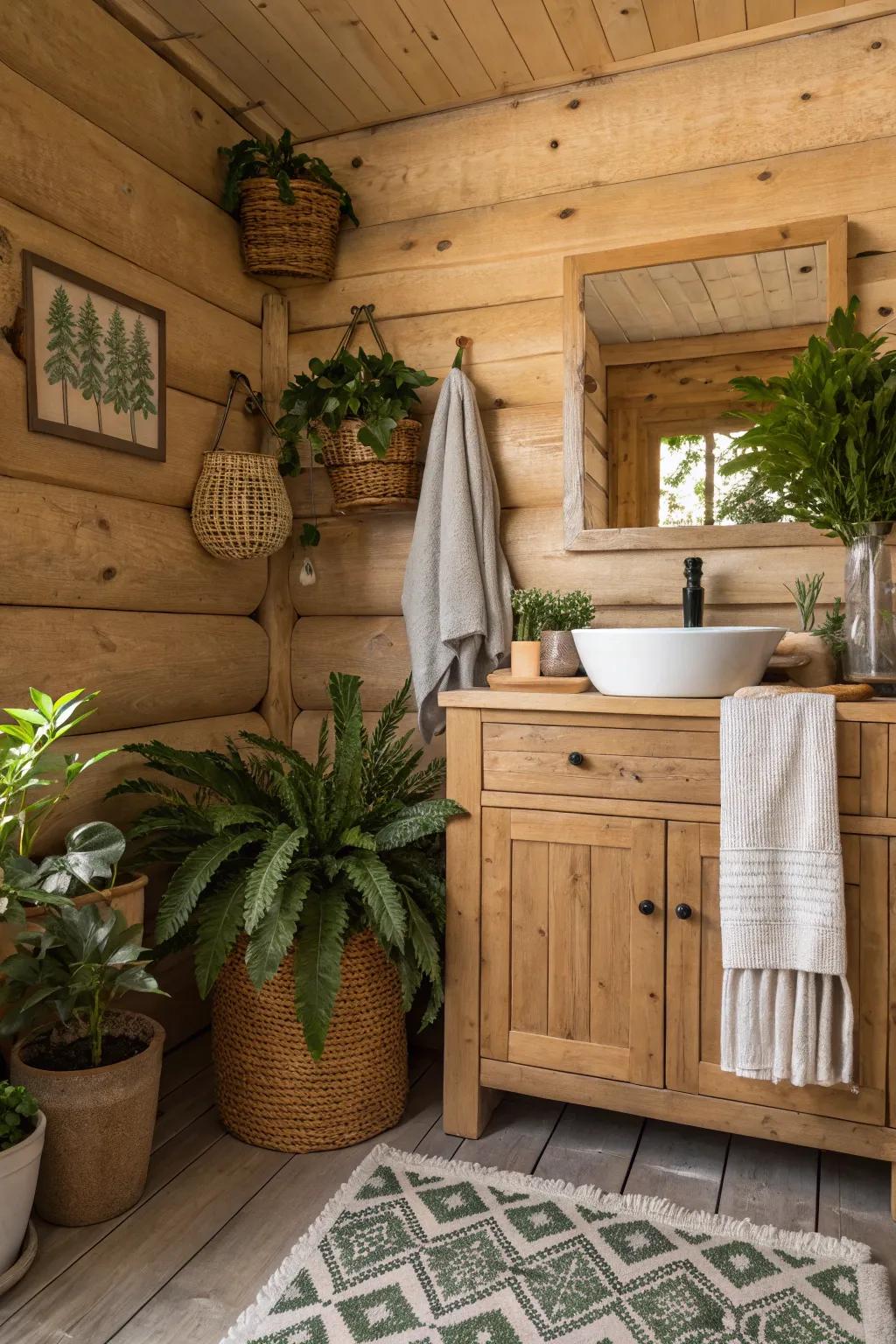 A log cabin bathroom with natural products and houseplants.