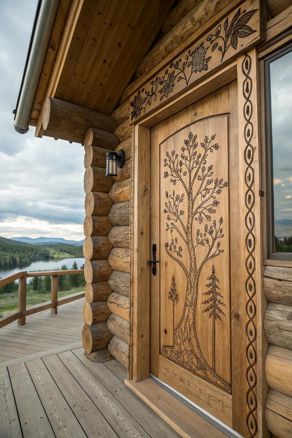 A cabin door with organic-inspired etchings.