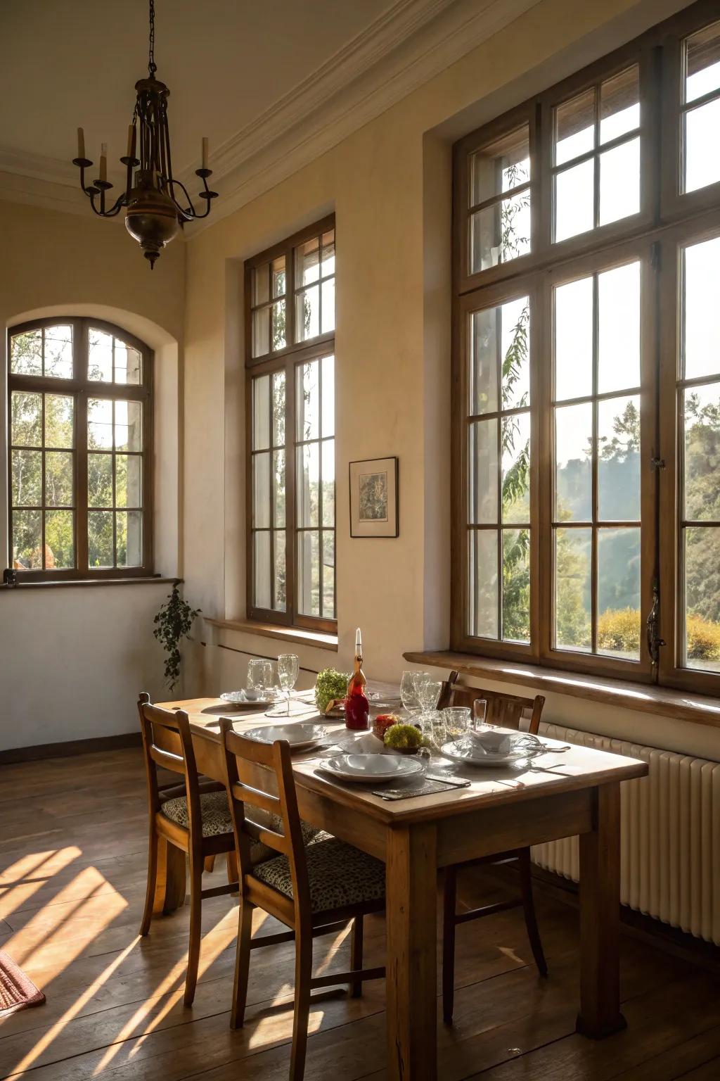 Large windows let natural light into a dining area.