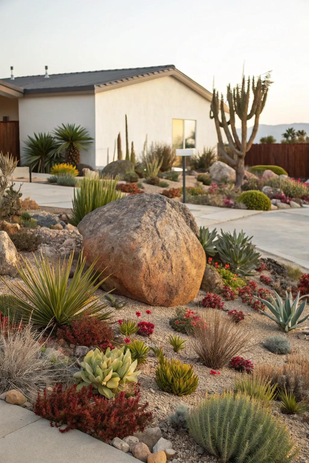 A focal point enhances the visual impact of a xeriscape front yard.