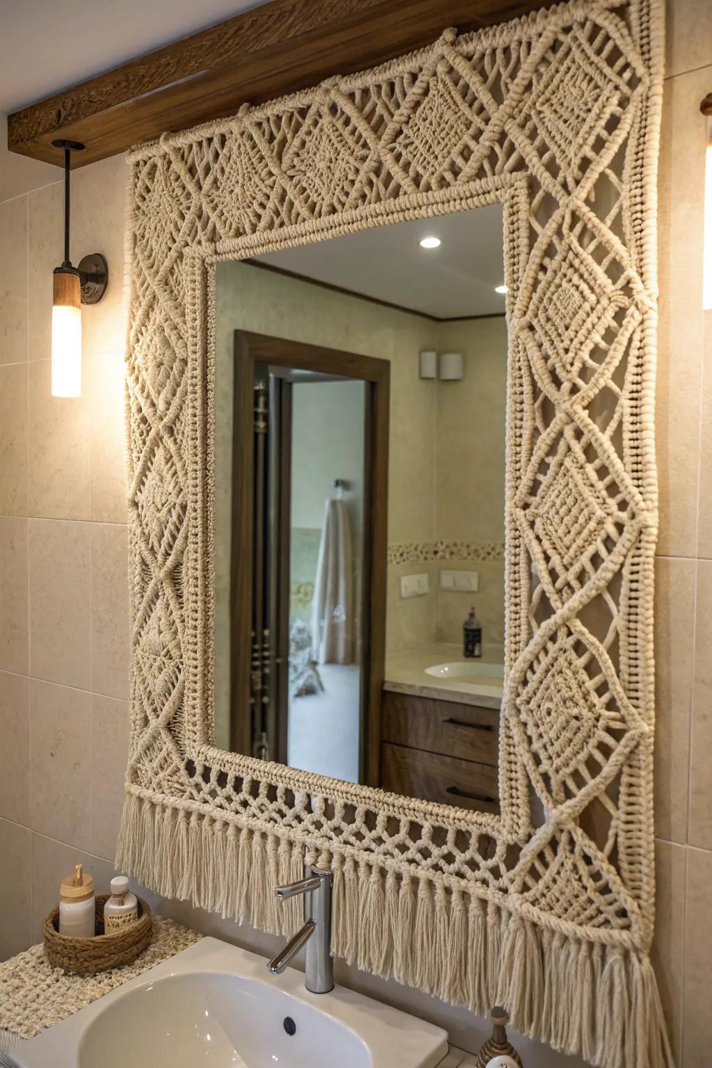 Macrame-framed mirrors as a fashionable focal point.