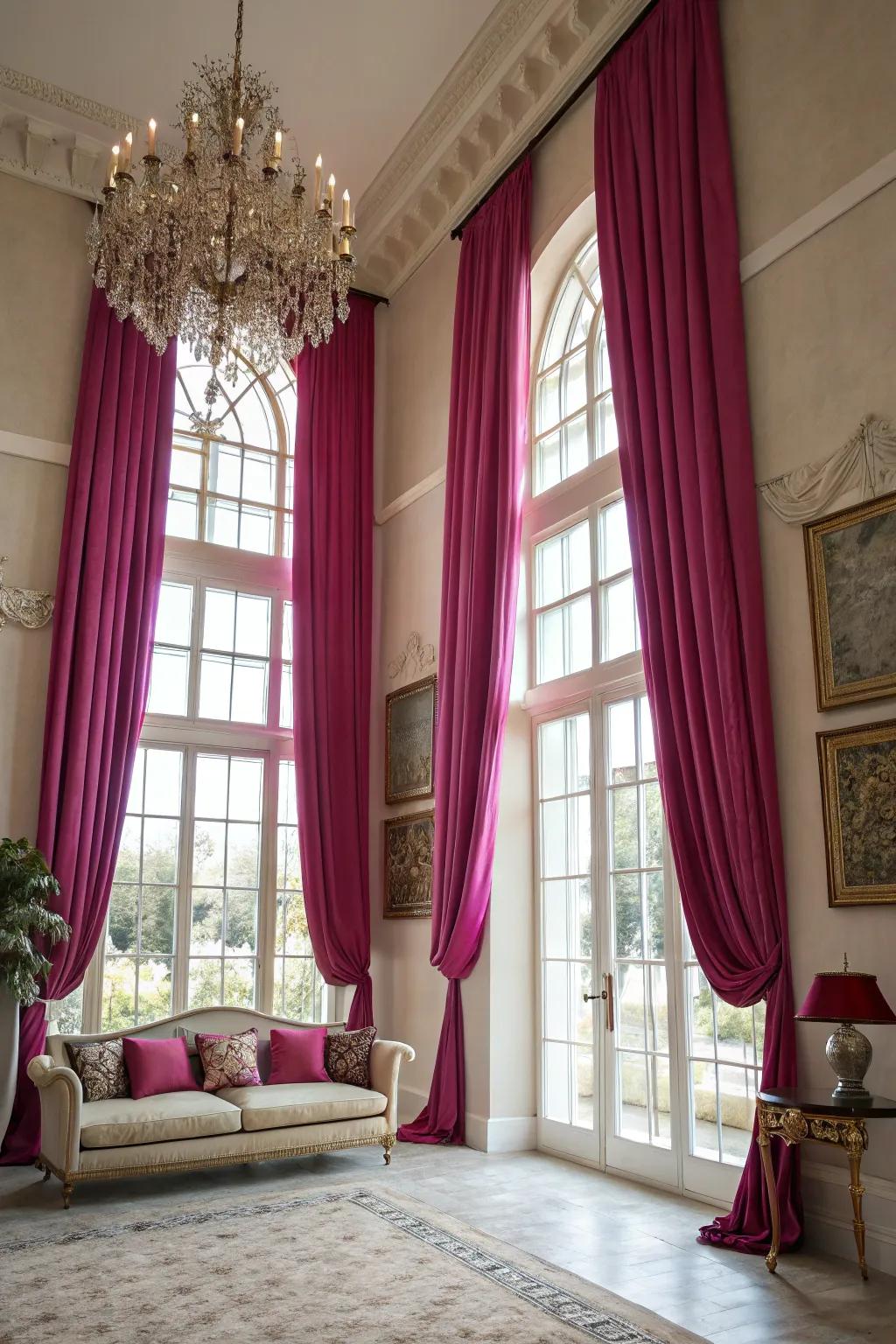 Magenta curtains add drama and elegance to this beautifully decorated room.