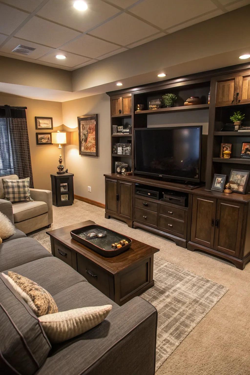Concealed storage maintains a sleek look in your man cave.