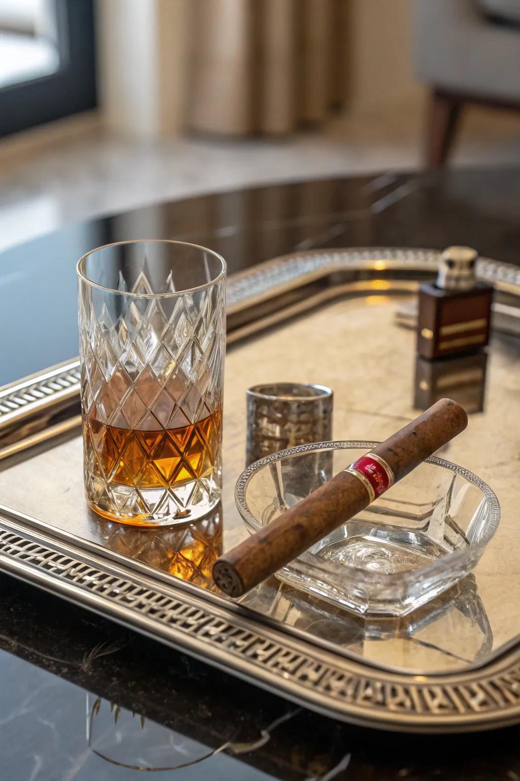 A cigar and whiskey platter combines elegance with functionality.