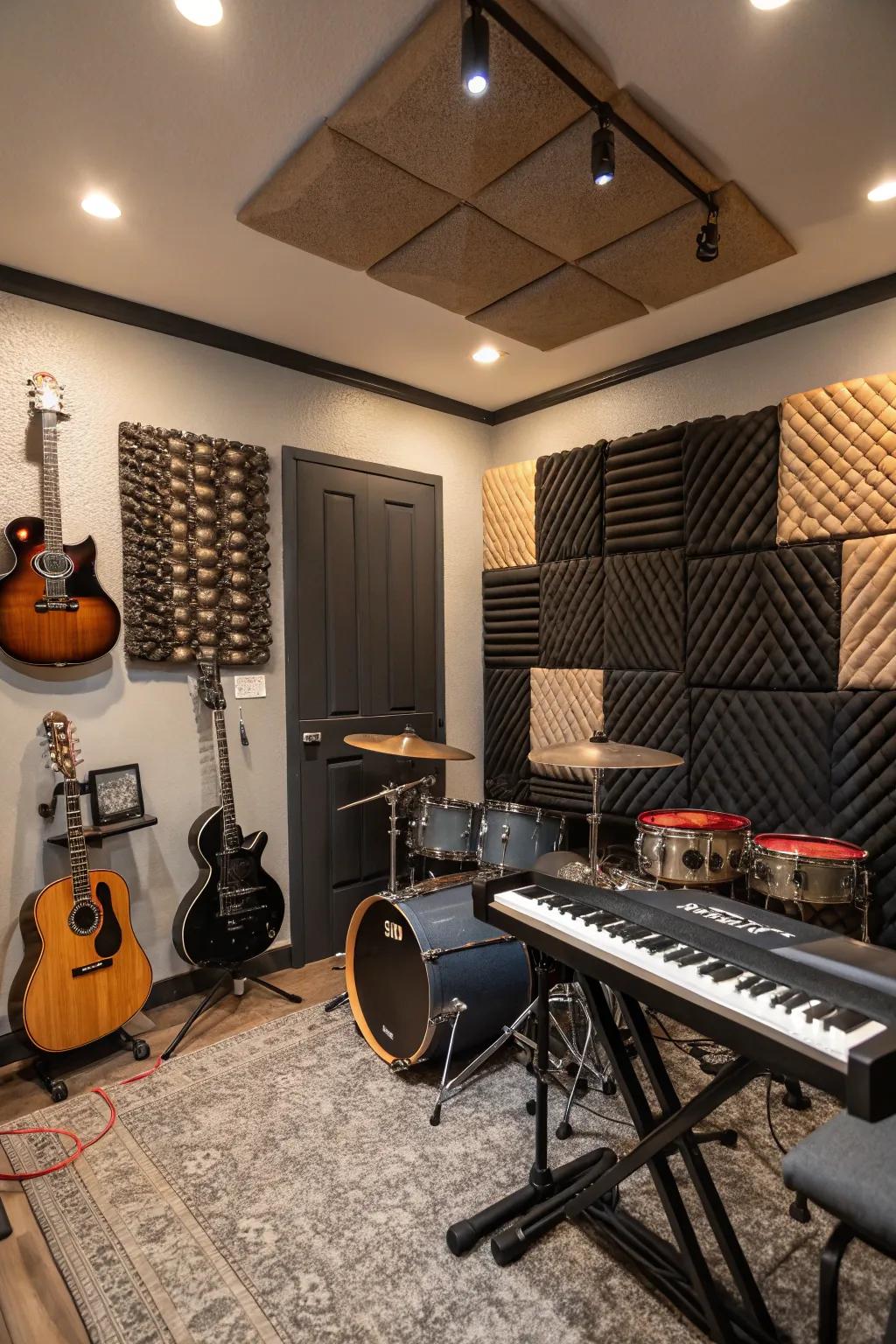 Soundproof music area with acoustic panels and instruments.