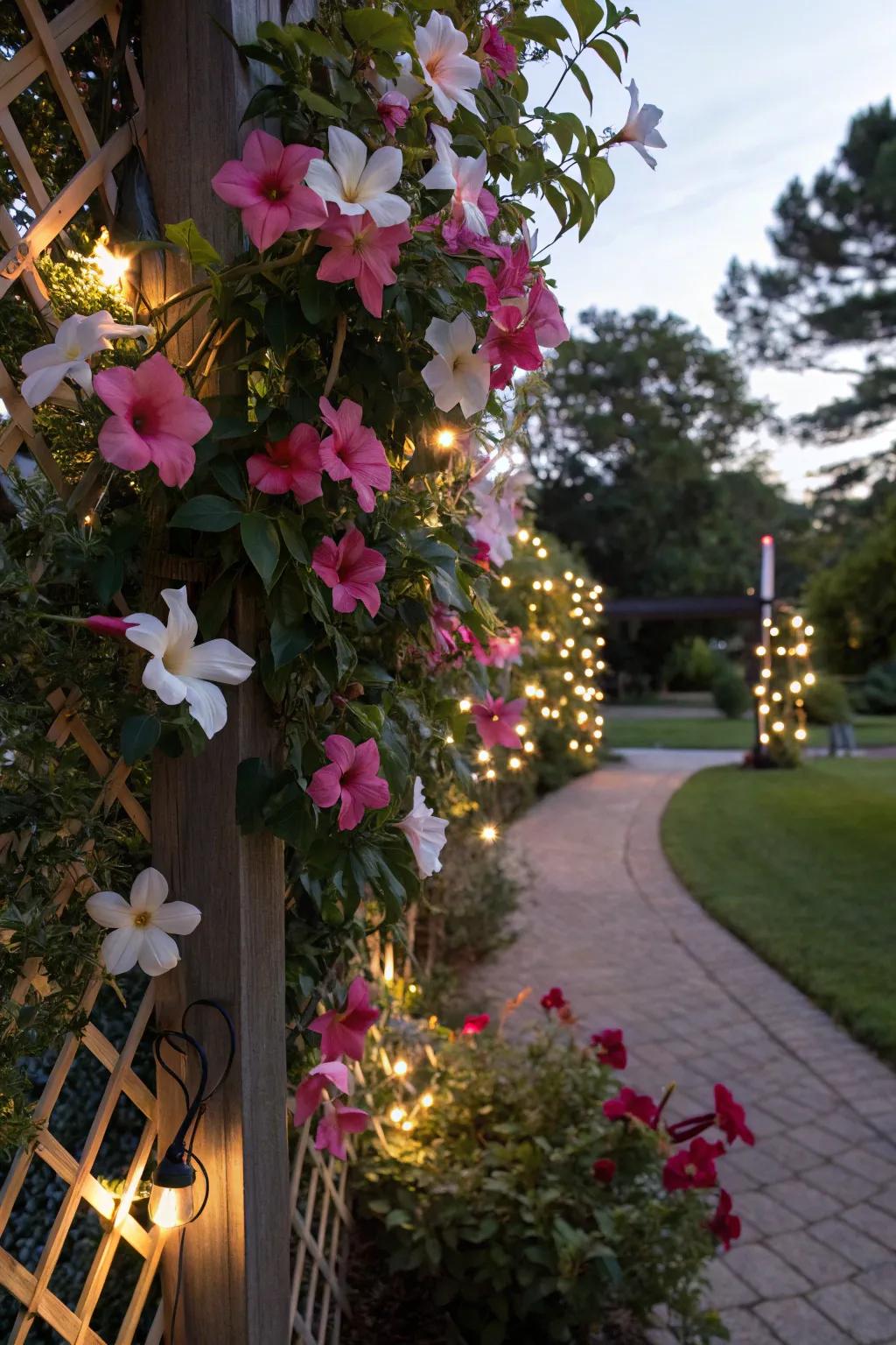 A solar-lit trellis showcasing mandevilla crafts a magical nighttime garden scene.