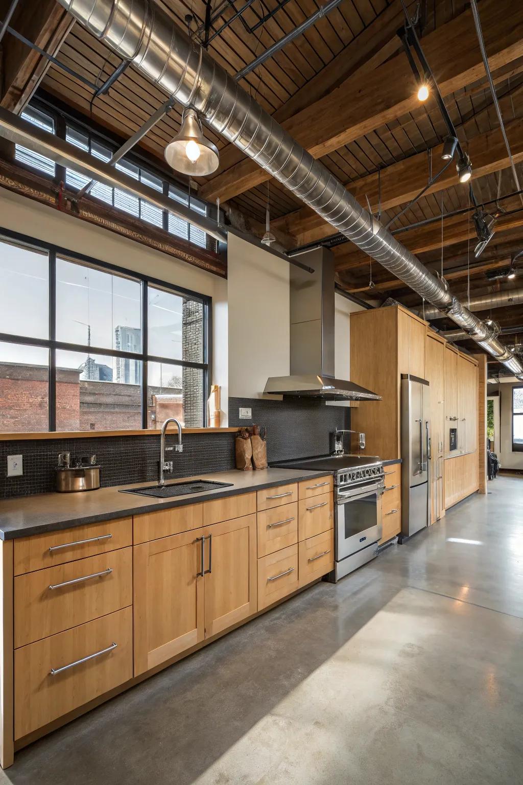 An urban-style cooking space showcasing maple cabinets for a modern spin.