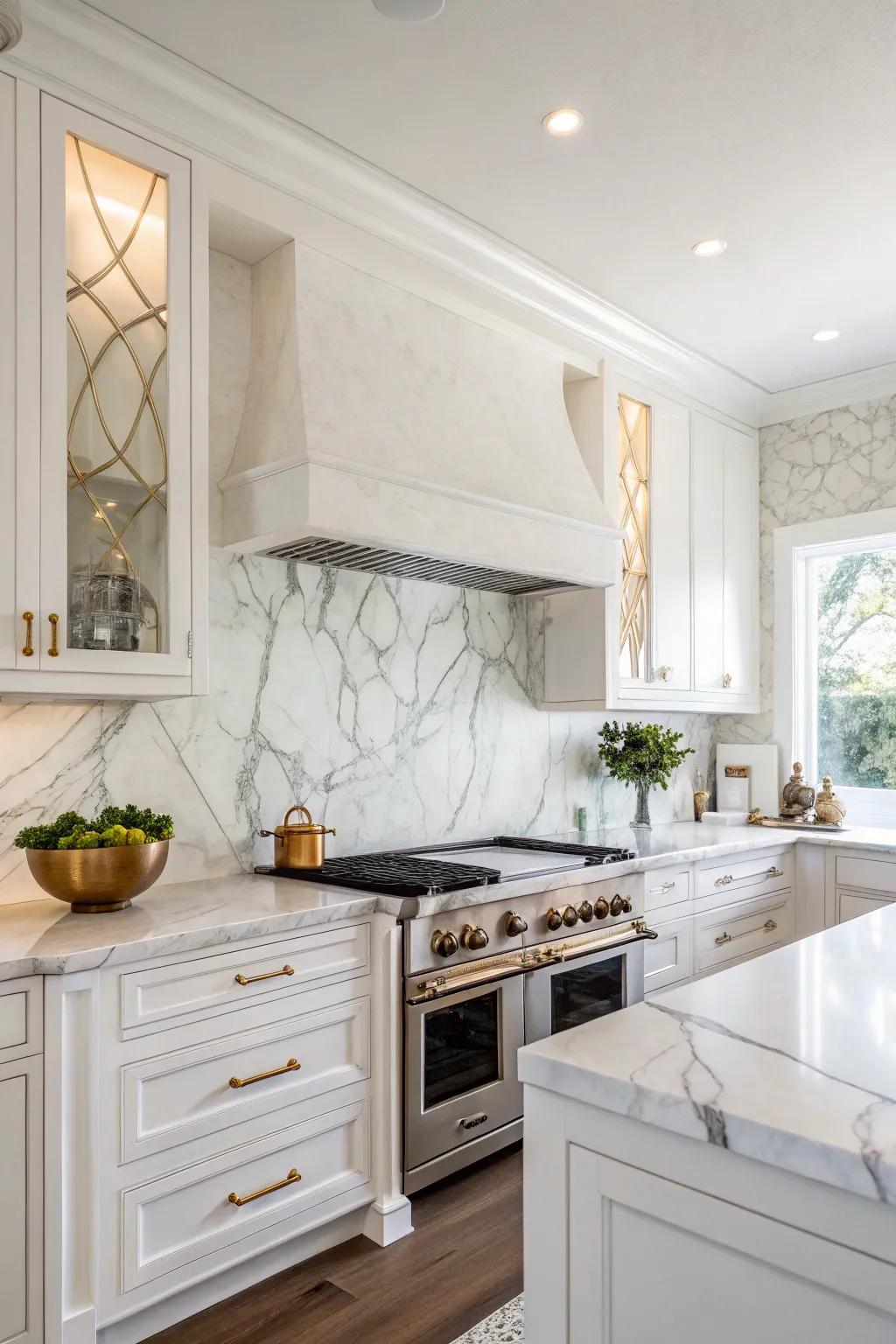 A kitchen that feels bright and airy with a pure white marble backsplash.