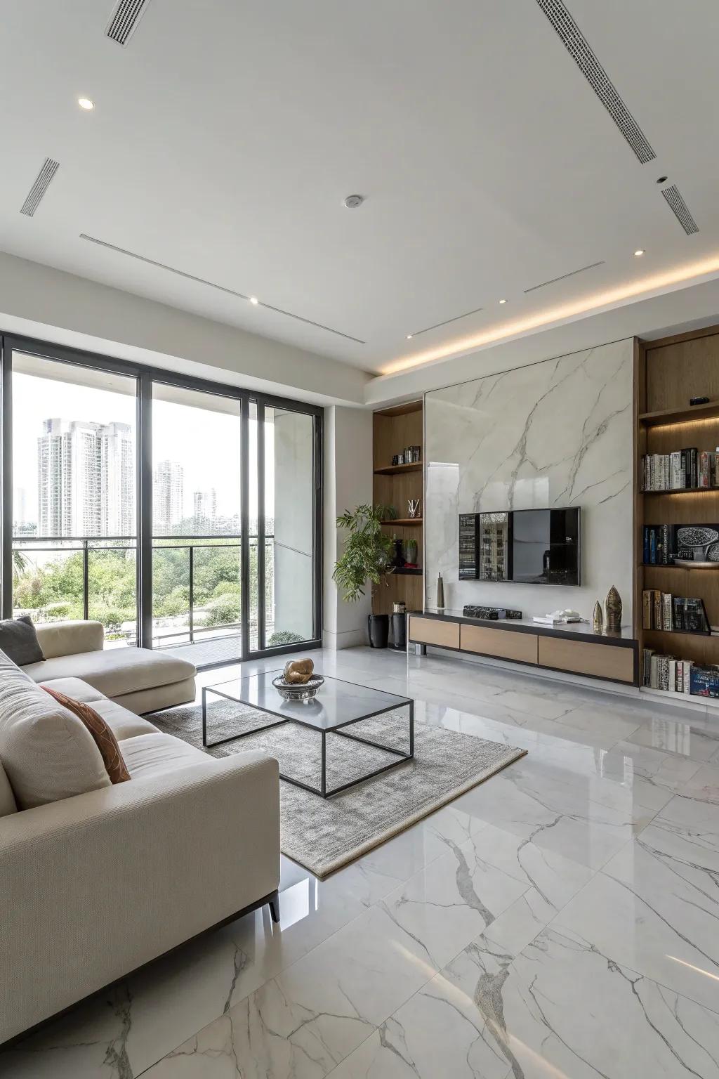 Minimalist design highlights the elegance of marble floors.