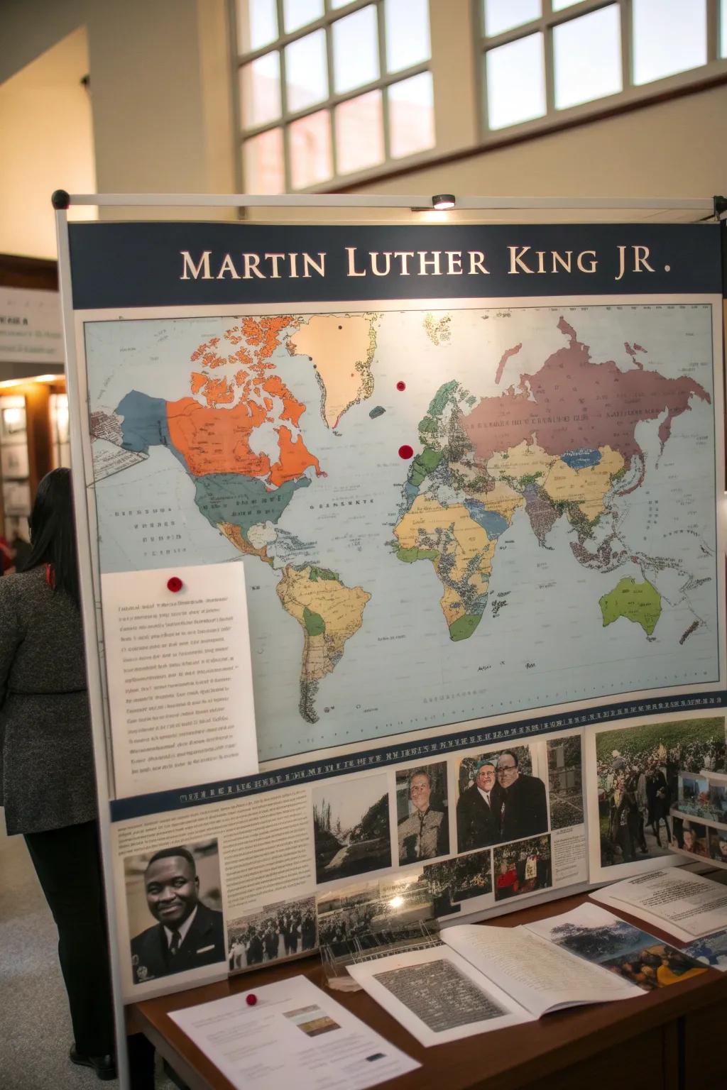 A world map showcases the global influence of MLK’s message of peace.