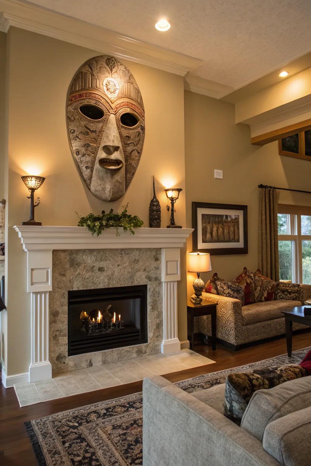A striking wall adornment functions as a captivating focal design piece within this room.