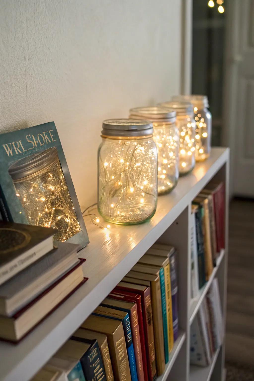 Whimsical mason jar fairy light displays on a shelf.