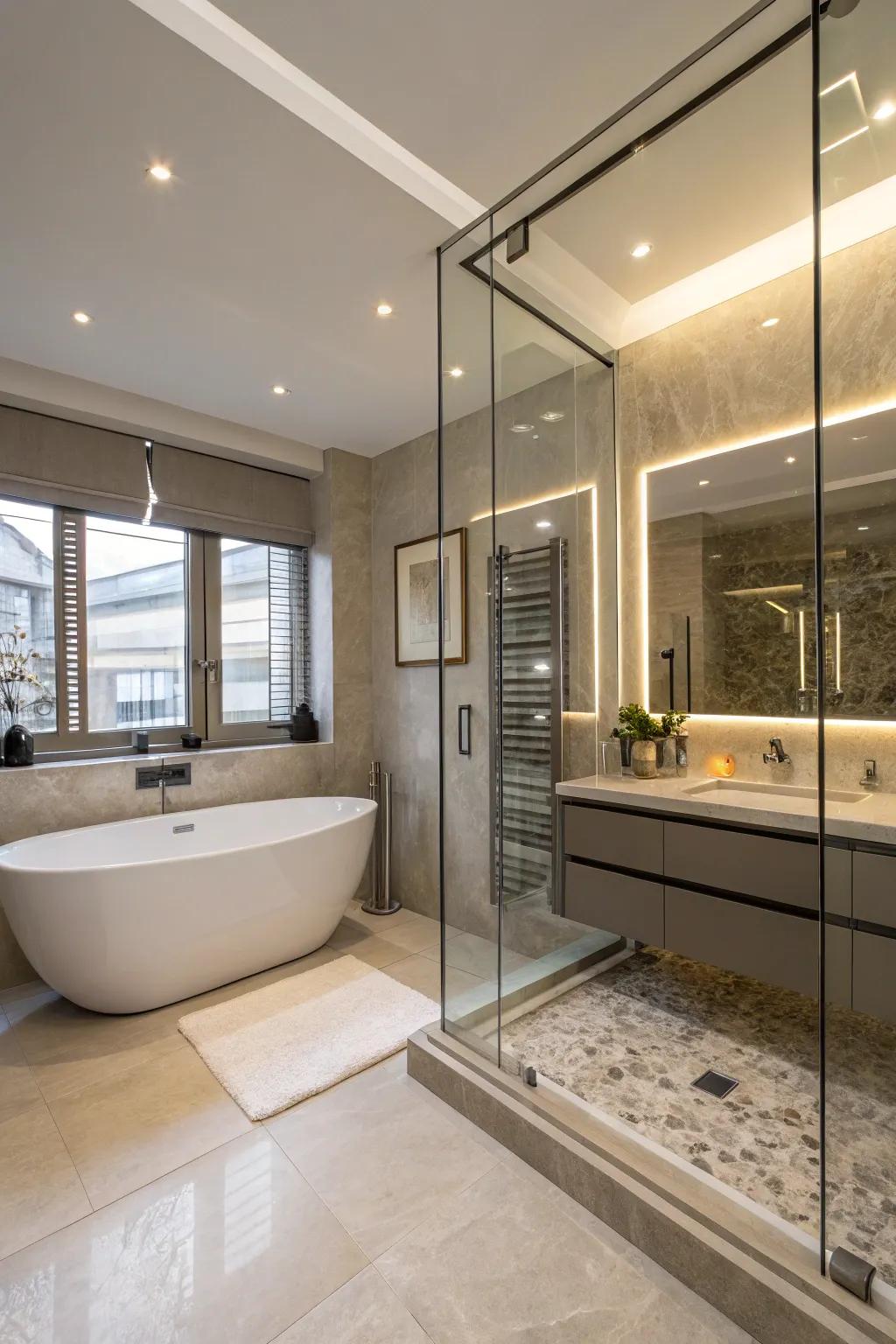 The wet room design offers a sleek and functional solution in this modern bathroom.