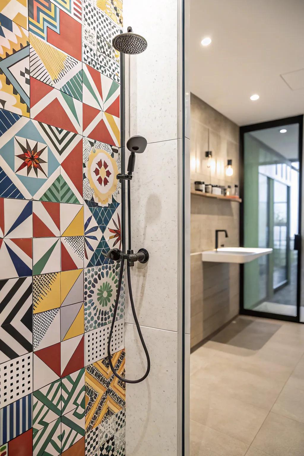 A shower styled with daring shaped patterned pavers, achieving a contemporary vibe.