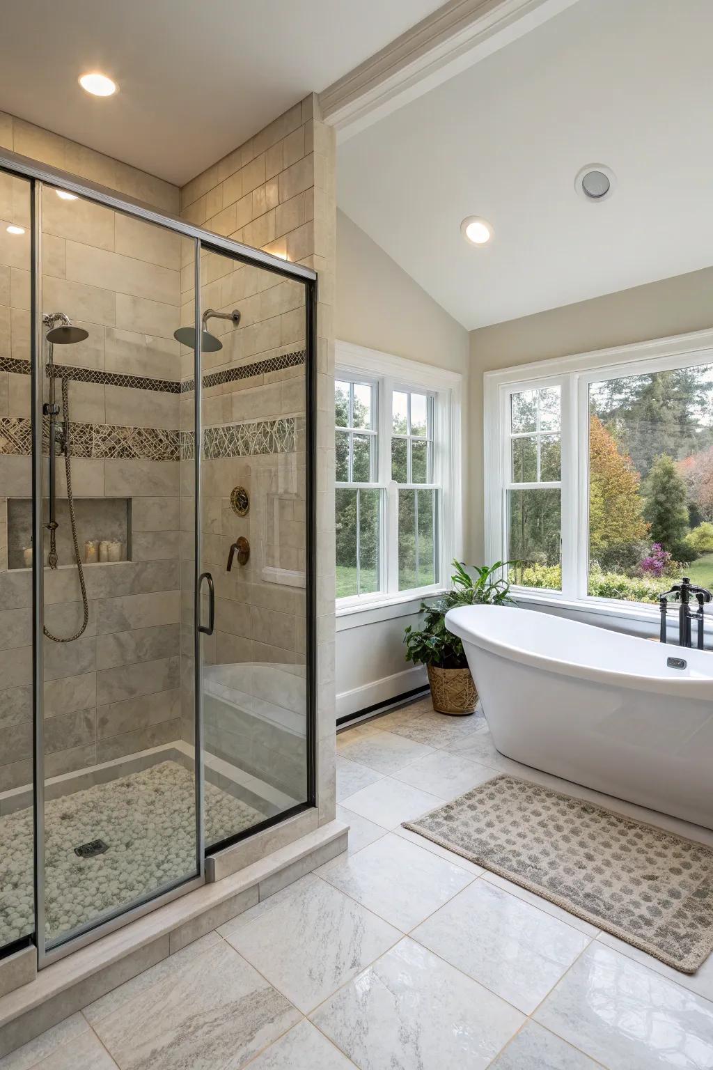 A master bathroom with a walk-in shower and freestanding soaking tub.
