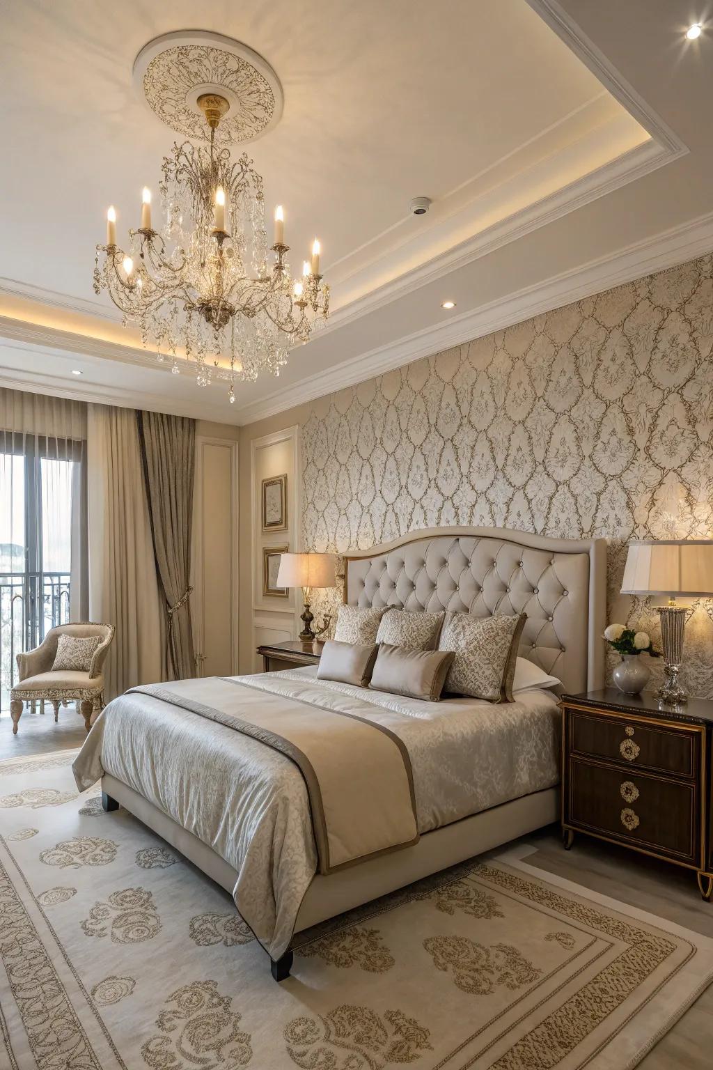 Wall covering adds texture and interest to the master bedroom.