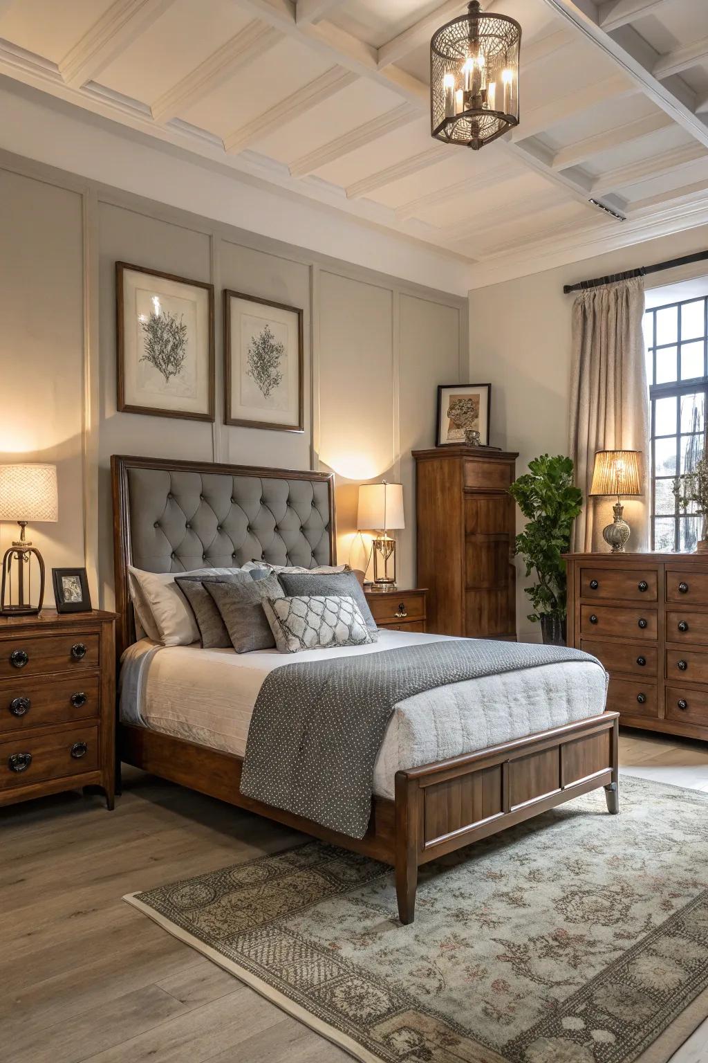 A bedroom presenting a mix of current and traditional furniture.
