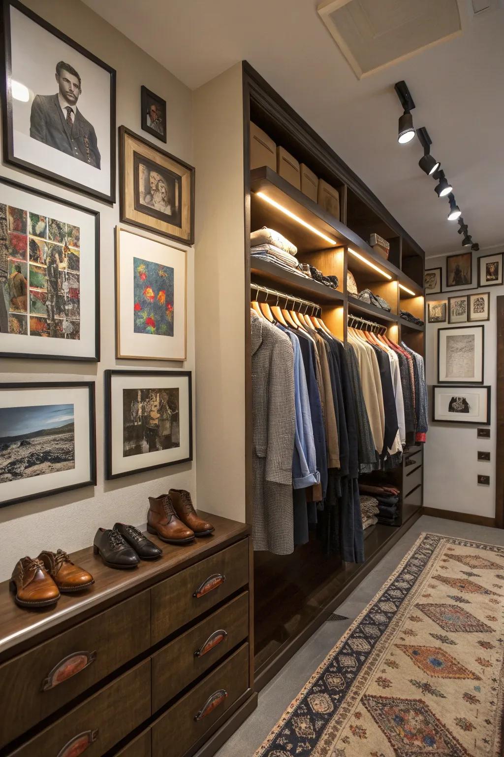 Personal touches that add warmth and character to the closet.