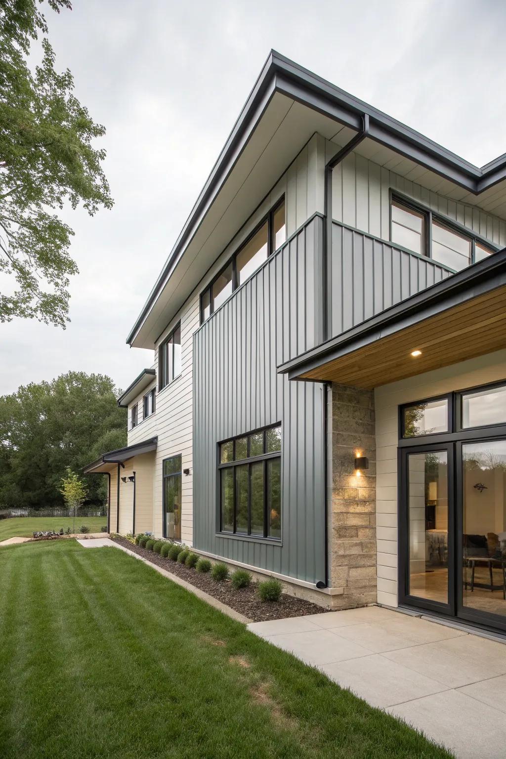 A modern house utilizing decorative metal cladding to emphasize its distinctive architectural features.