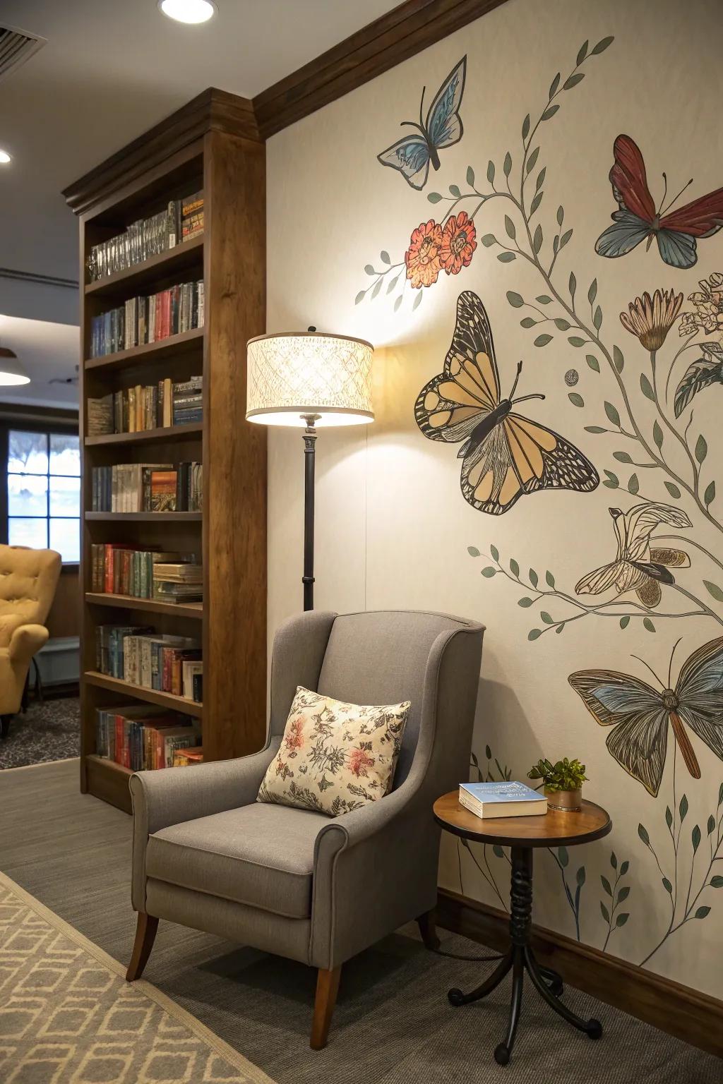 Books transform into butterflies, symbolizing imagination in motion.