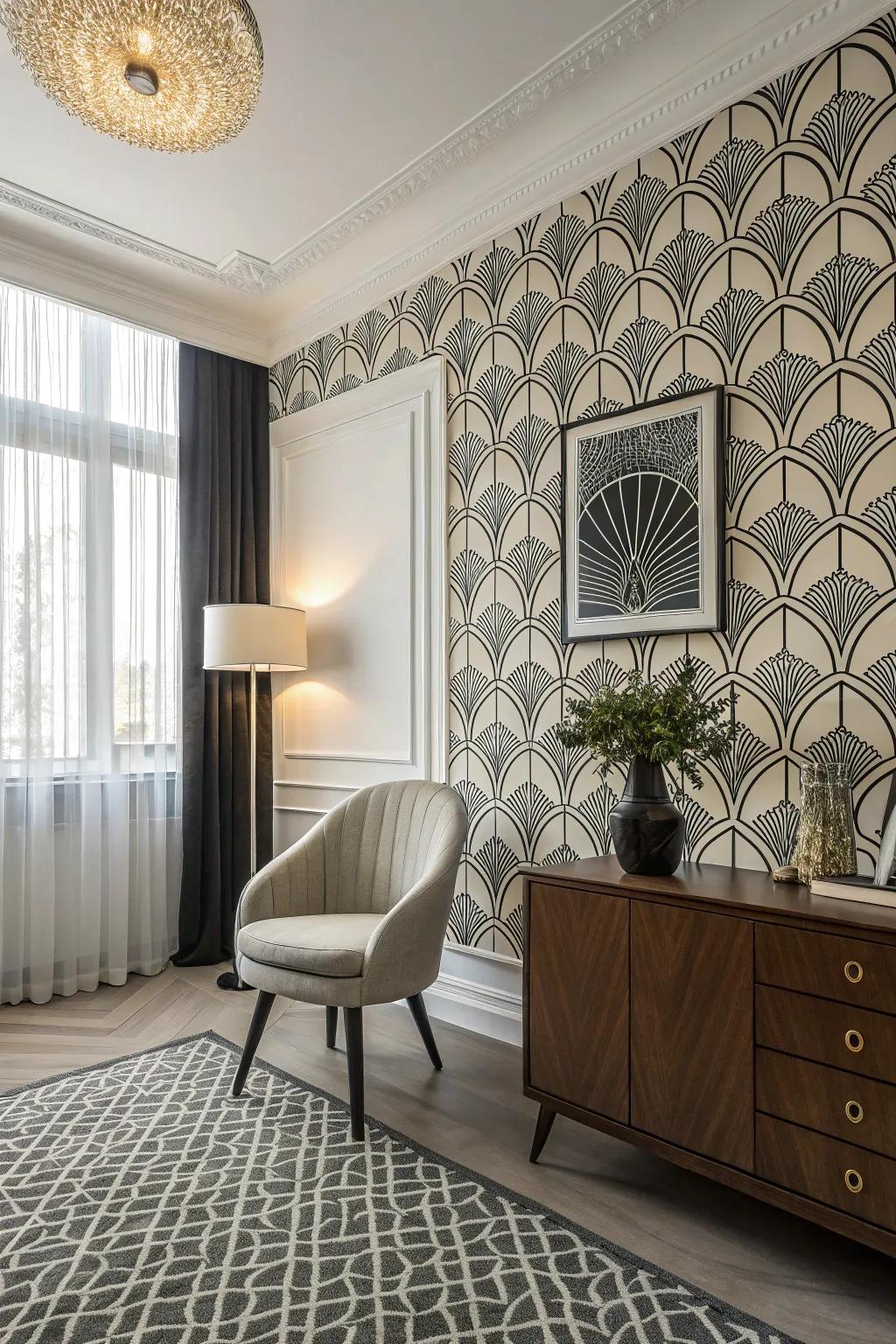 Stylish room with monochrome mid-century wallpaper.