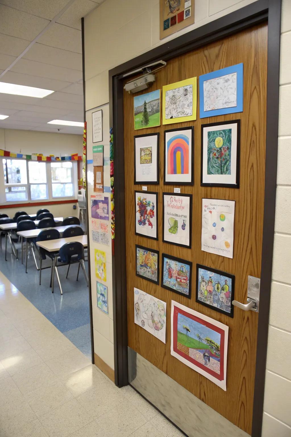 Student artwork beautifully displayed on a classroom door.