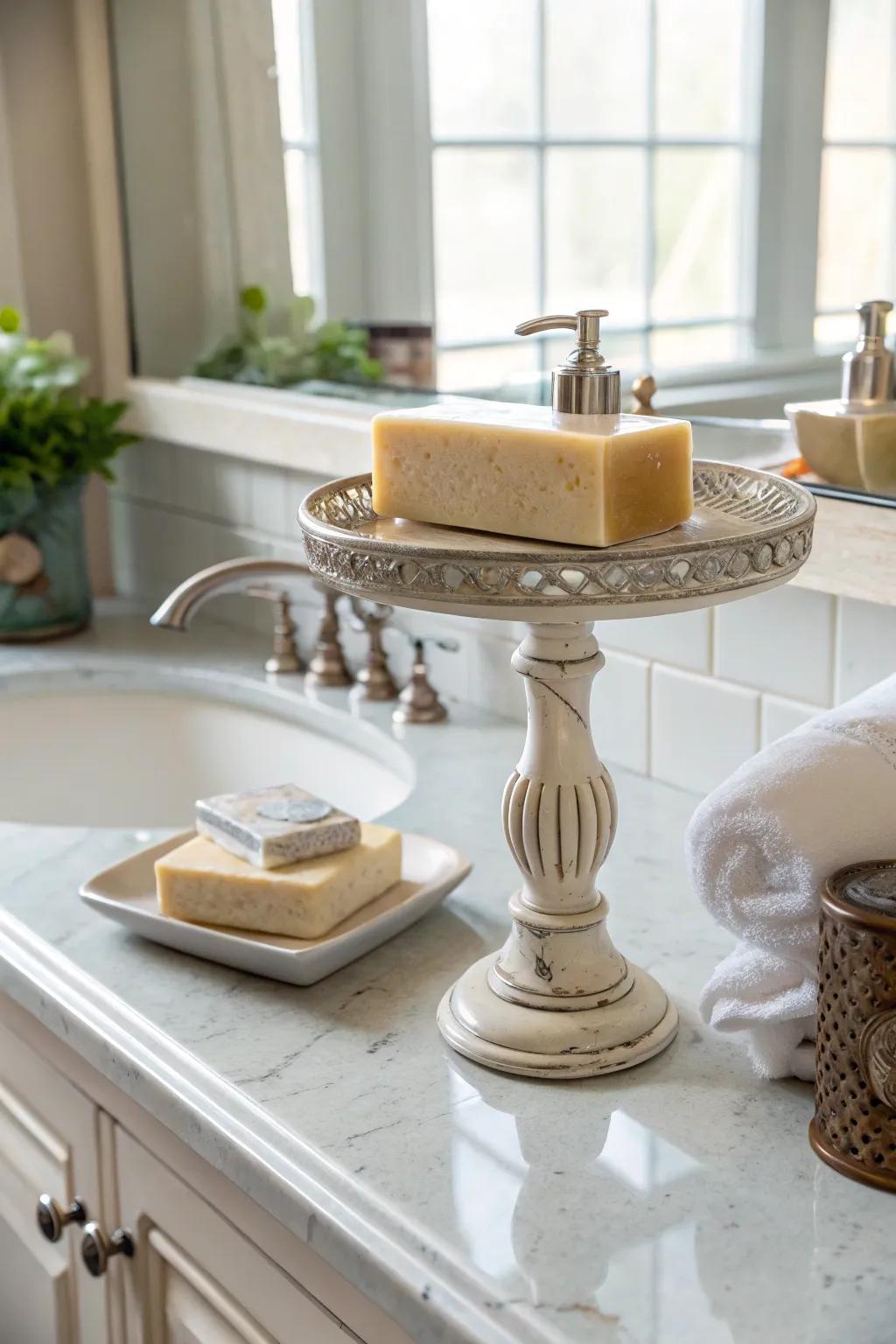 A base contributes height and intrigue to the bathroom counter.