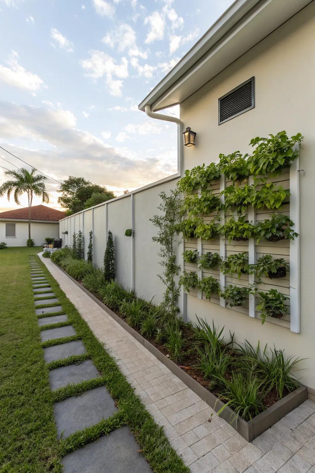 A vertical garden adds greenery while conserving space.