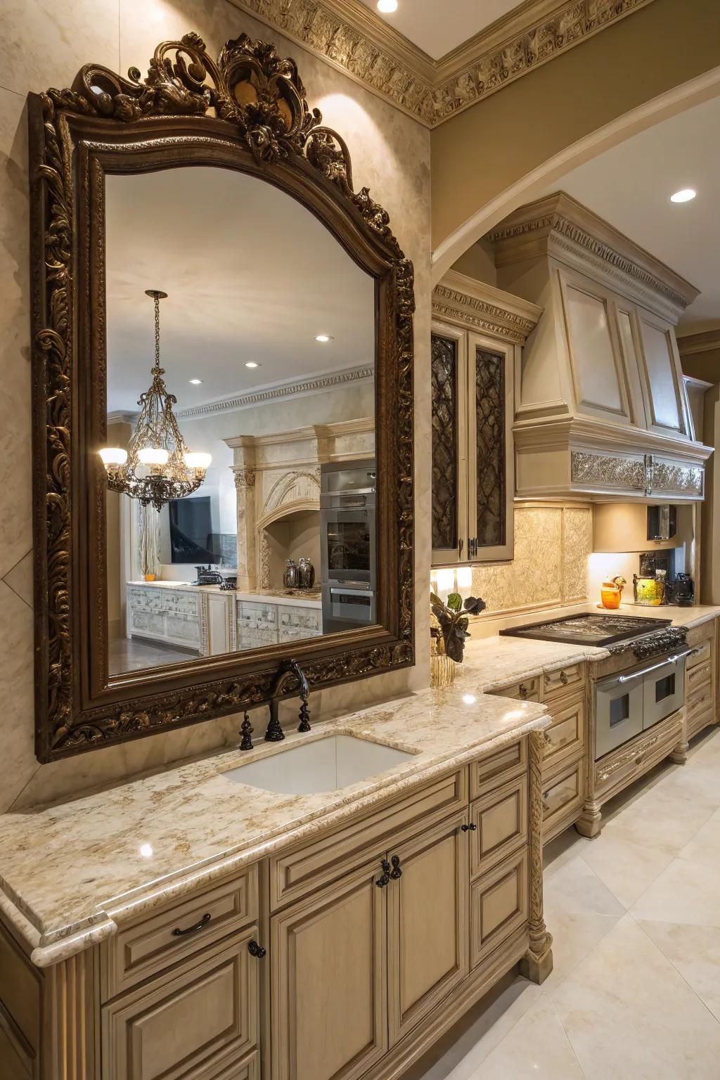An ornate mirror adding a luxurious element to the kitchen.