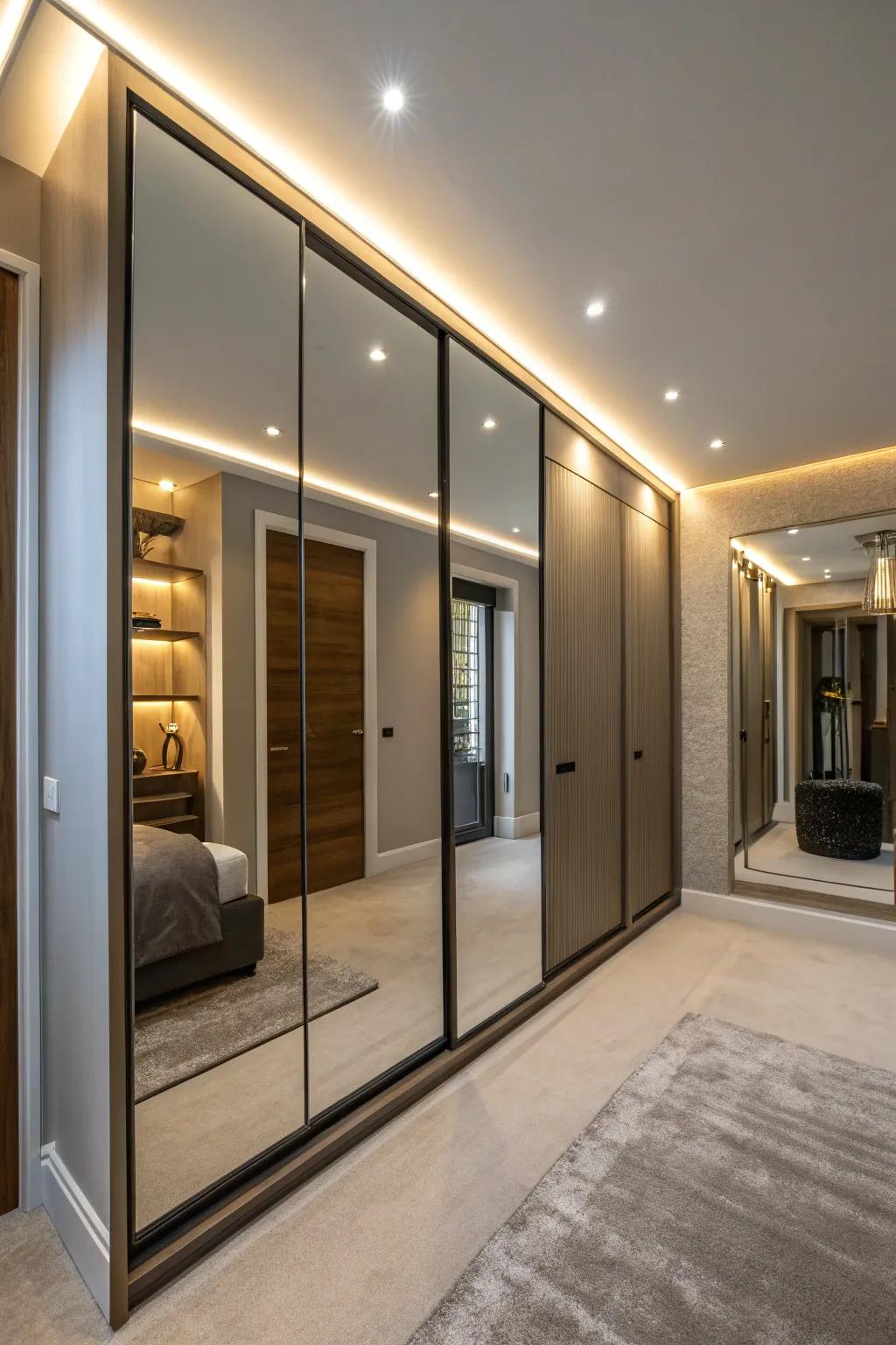 Spotlight mirrored doors with integrated lighting.