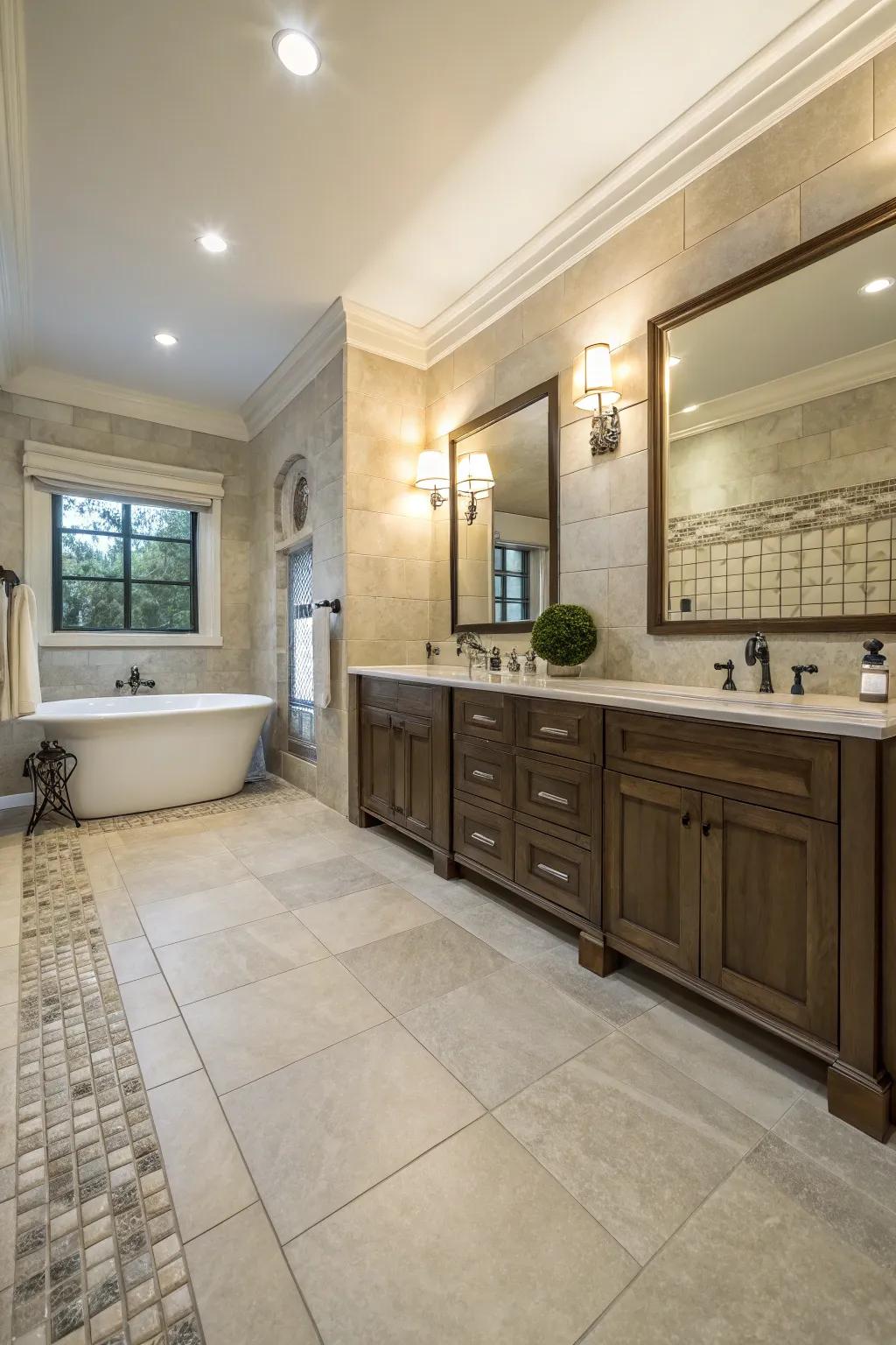 Tile and concrete create an eclectic, elegant bathroom design.