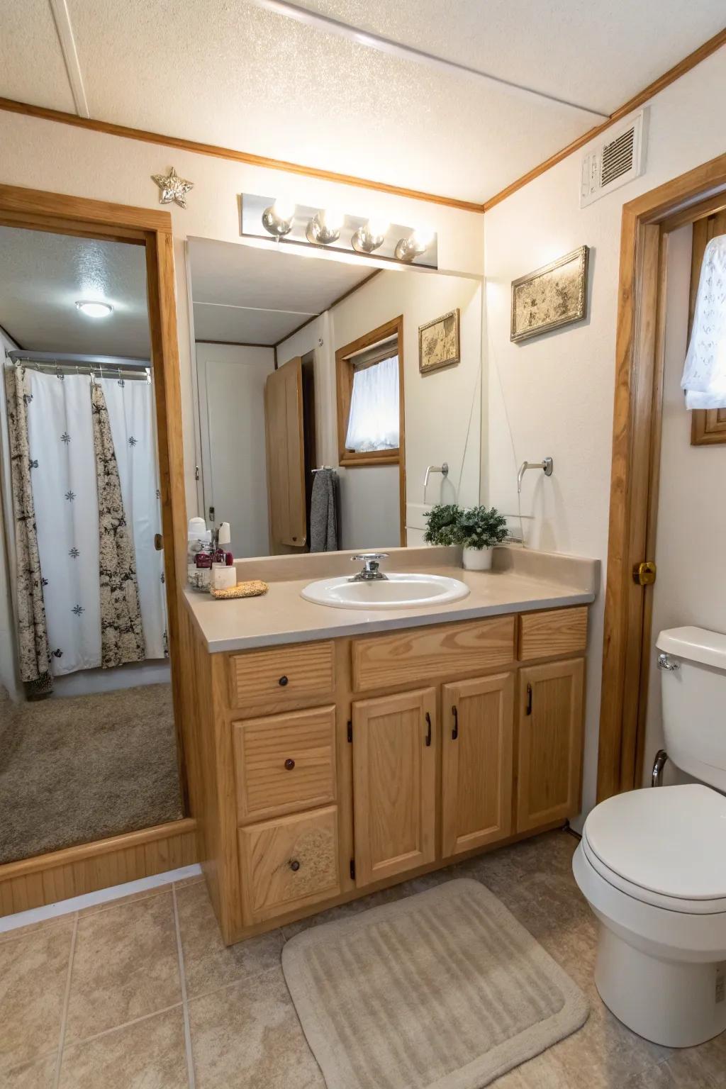 A suspended vanity adds a modern feel while maximizing area.