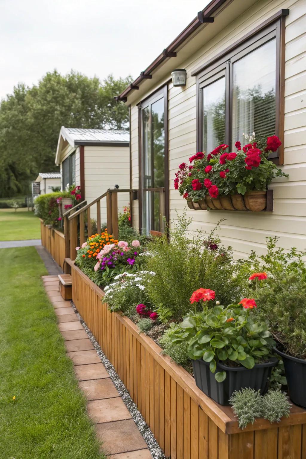 Lumber skirting with integrated planters brings the beauty of nature.