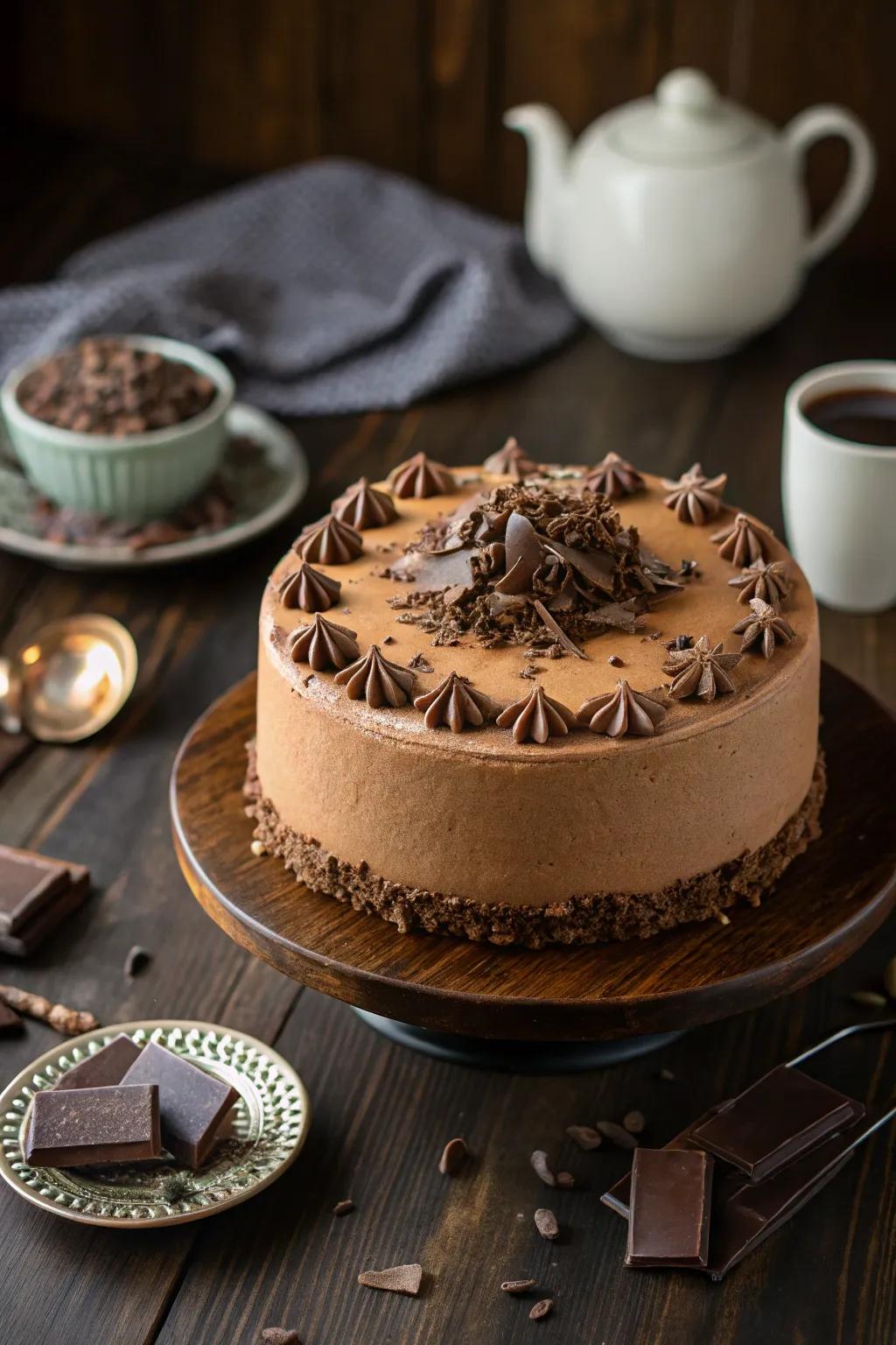 Chocolate shavings add a classic touch to mocha cake decoration.