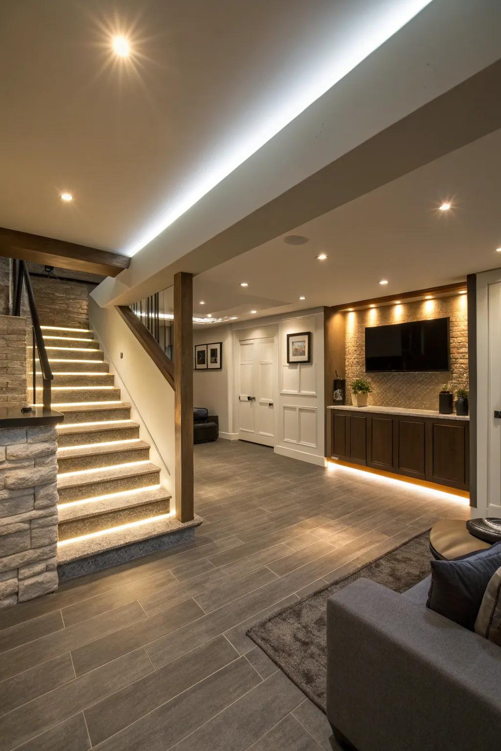 Layered lighting creates a balanced and inviting basement atmosphere.