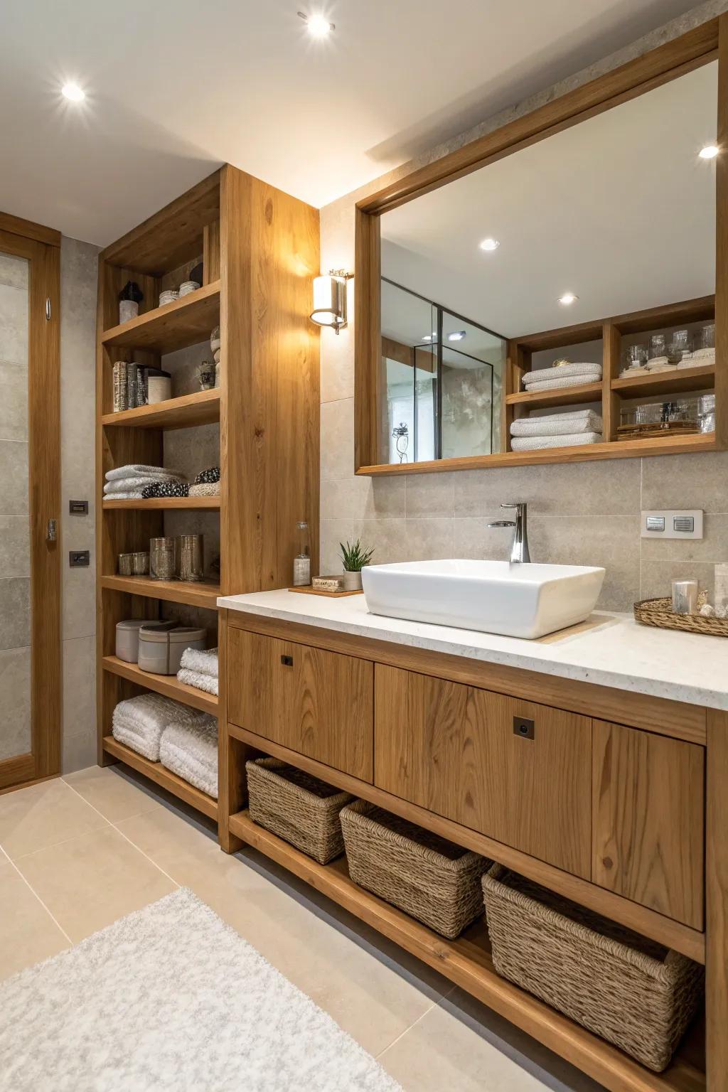 Wood elements add warmth to this contemporary bathroom.