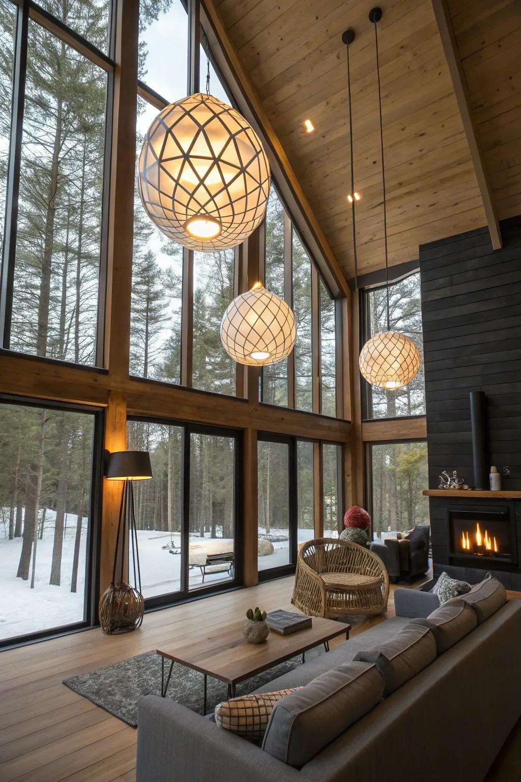 Contemporary lighting creates a striking focal point in cabin decor.