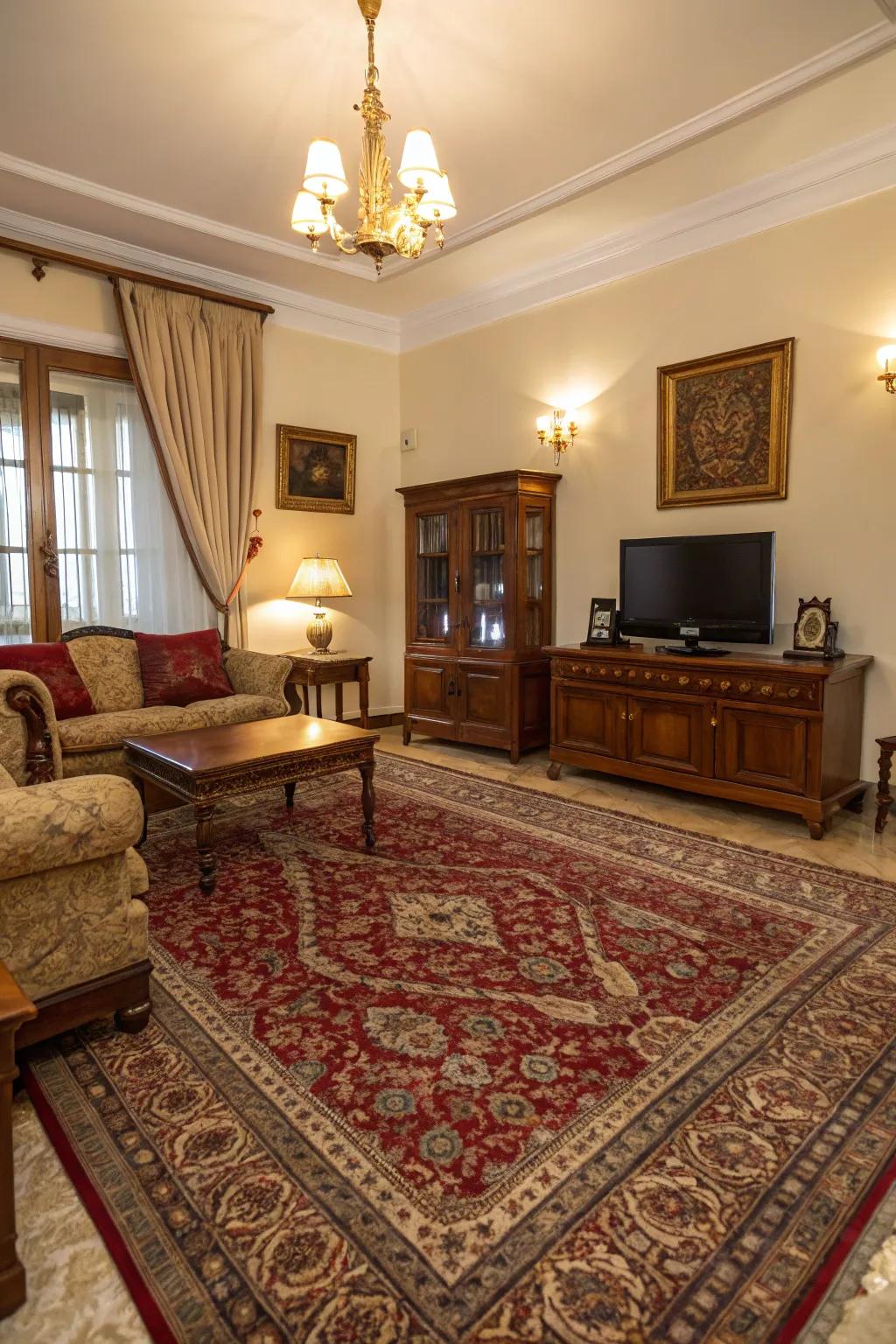 A classic sitting room showcases a vintage Persian-style carpet as its focal point.