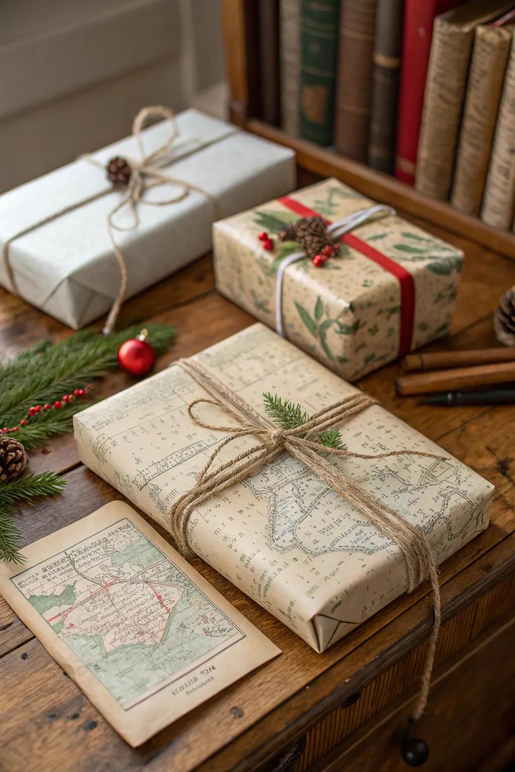 Eco-conscious gifts wrapped in reused materials, blending creativity with sustainability.
