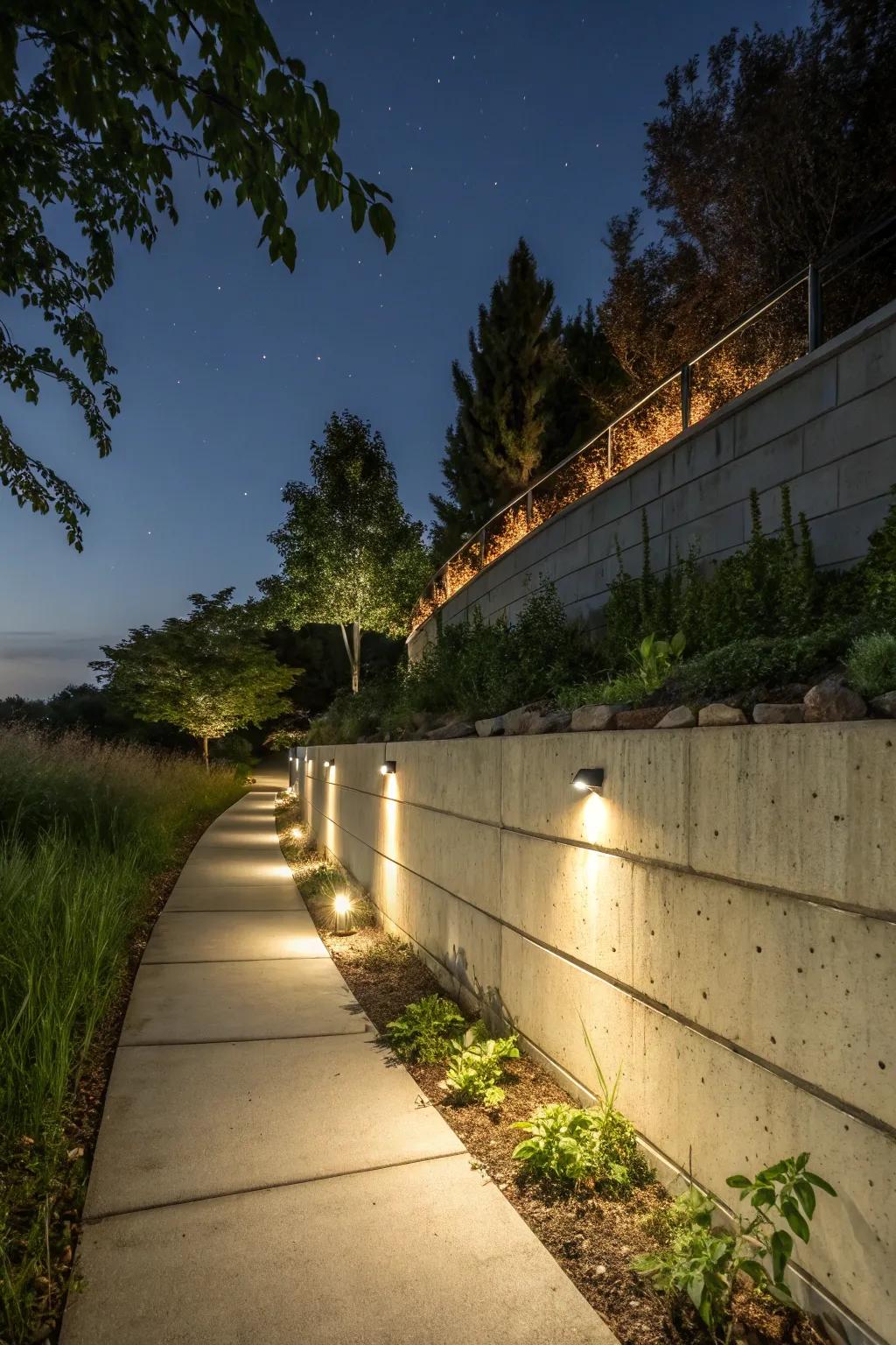 Reinforced wall featuring integrated lighting for a magical nighttime landscape.