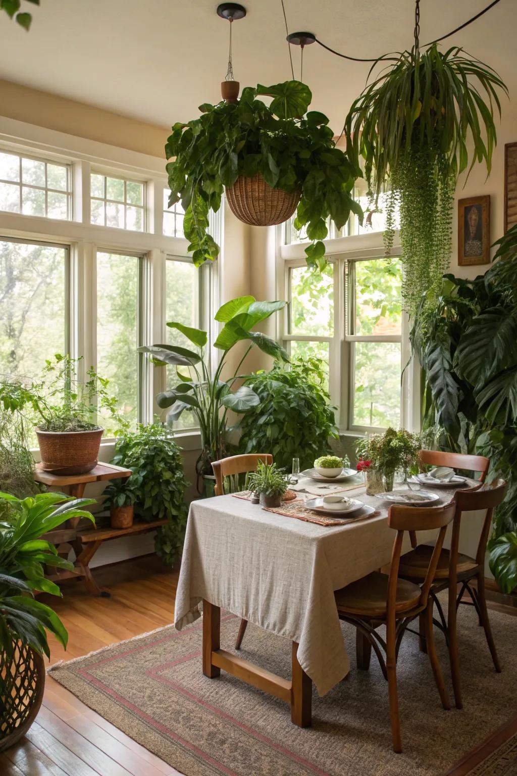 Indoor plants infuse a fresh and natural element to the dining area.