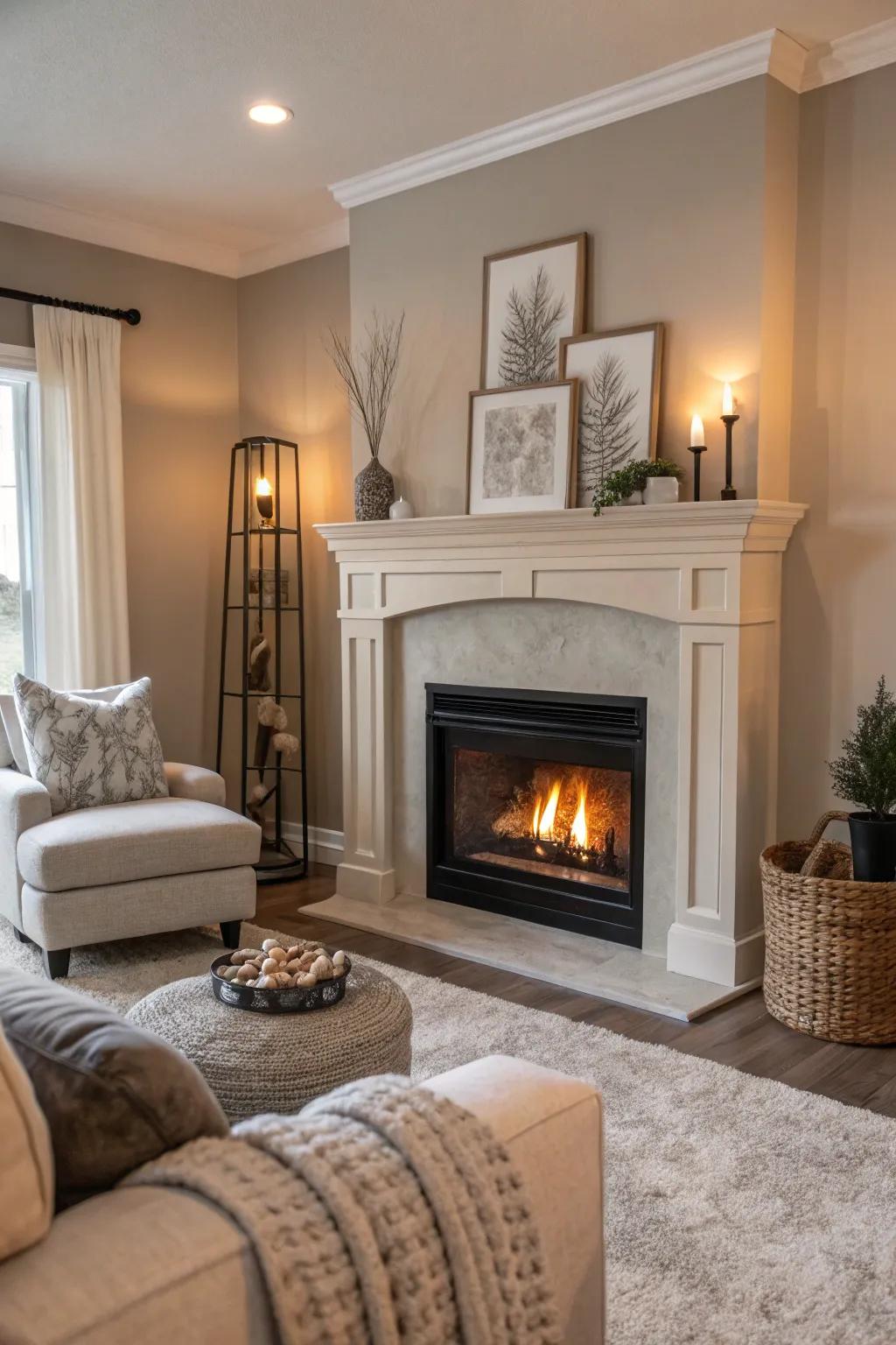 An electric fireplace beautifully set in a living room with a harmonious neutral palette.