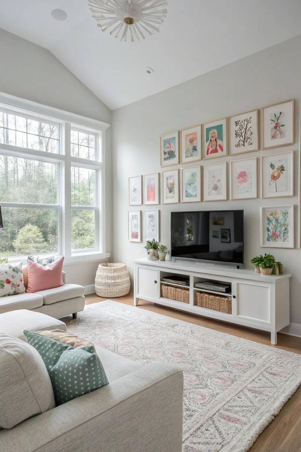 Tasteful artwork that adds a personal touch to a modern family room.