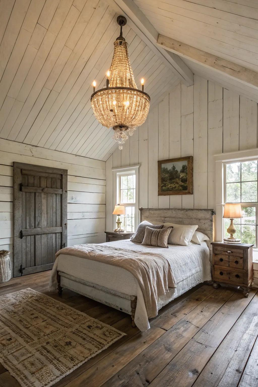 A statement chandelier connects rustic and modern aesthetics.