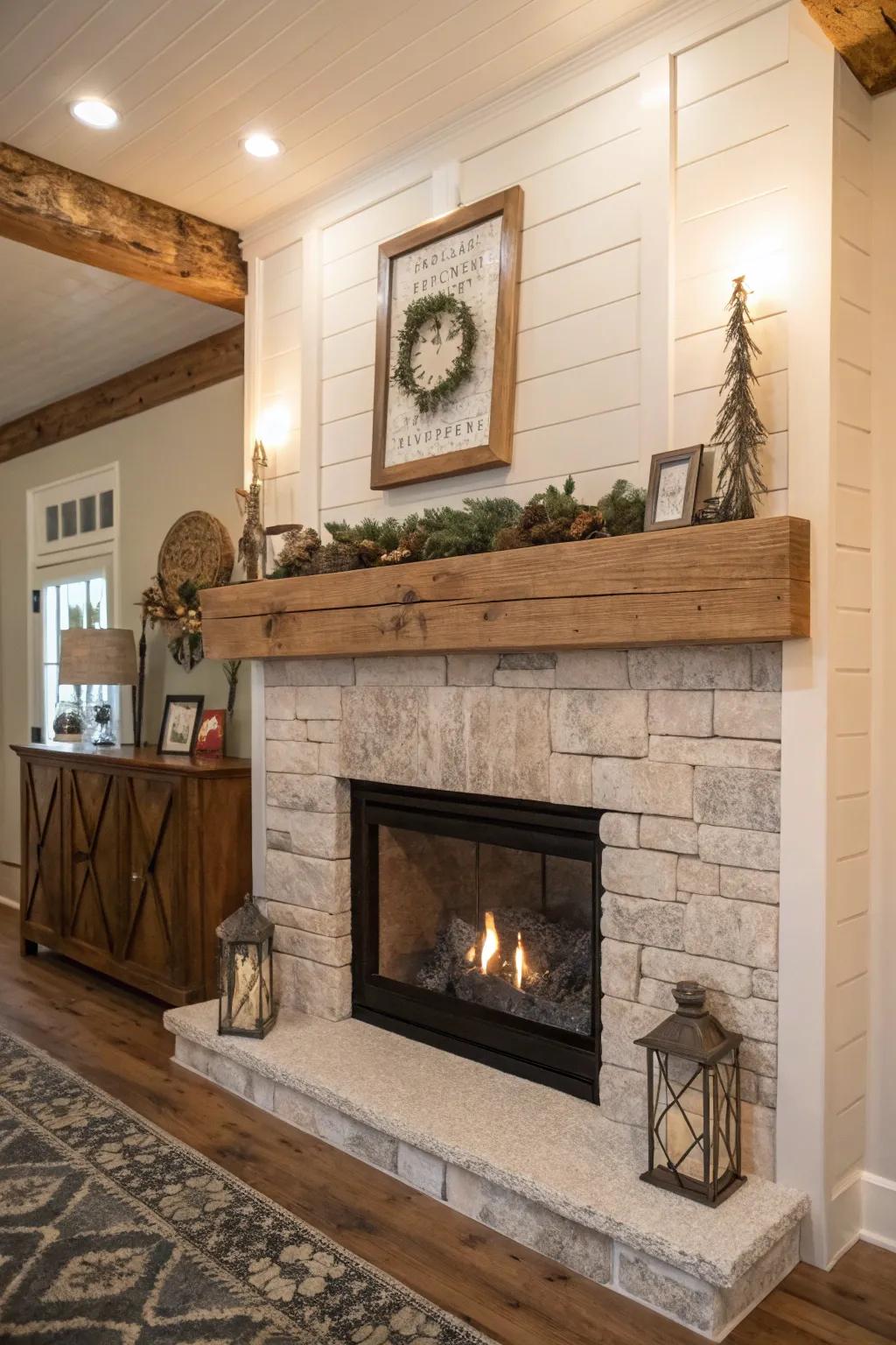 A hayloft timber mantel contributes rustic charm and personality.