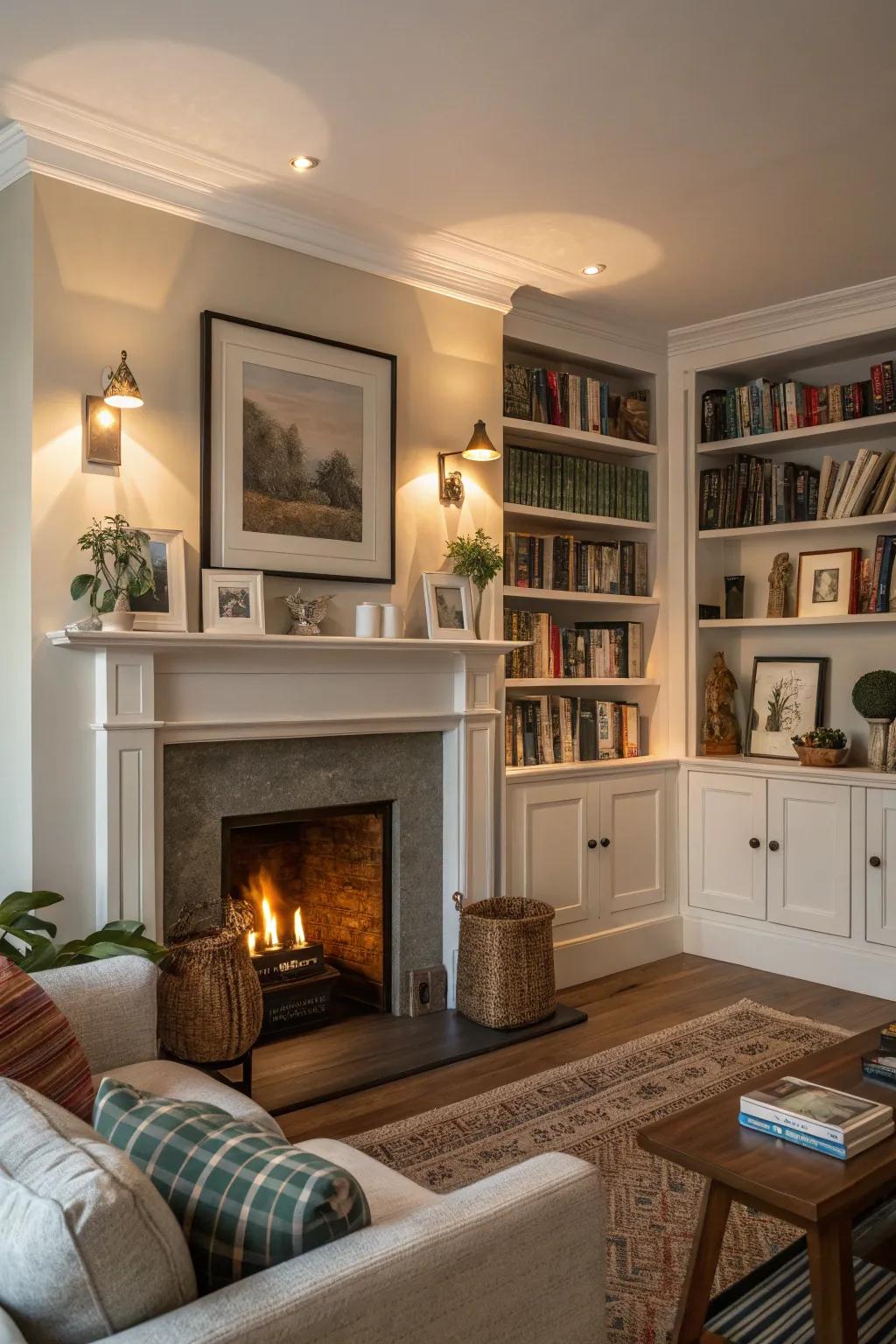 Integrated shelving offers style and practical storage.